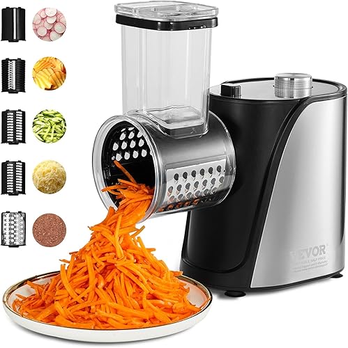 VEVOR Rallador eléctrico de queso, para ensaladas de 250 W, cortador eléctrico de verduras para frutas con 5 accesorios, cortador de alimentos de