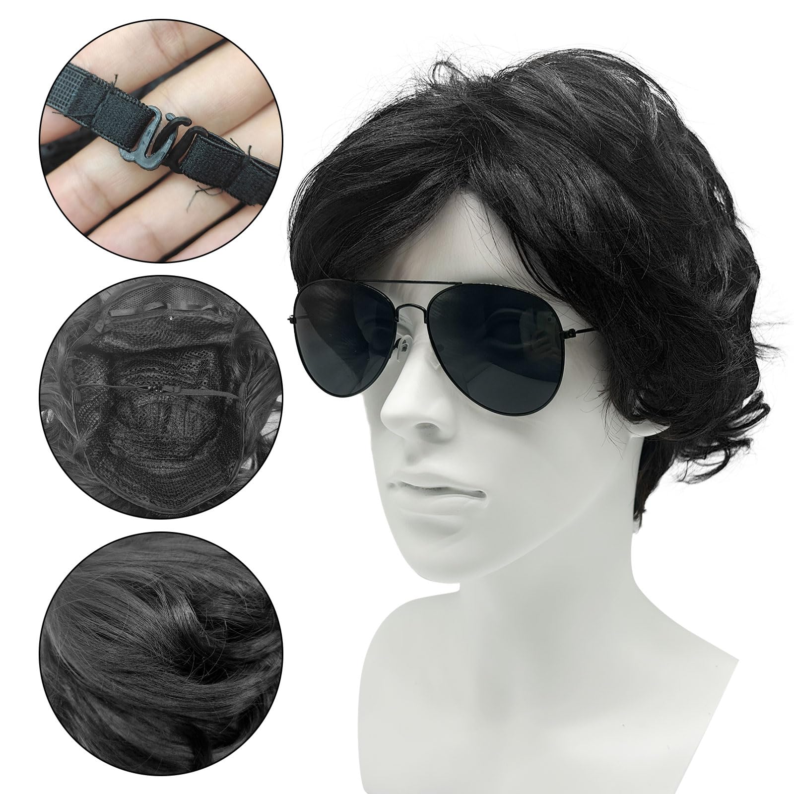 SKHAOVS Parrucca corta da uomo Parrucca capelli sintetici ricci Nero per adulti popstar per costume, costumi in maschera per carnevale JGA, Parrucca sintetica per cosplay Halloween (Nero)