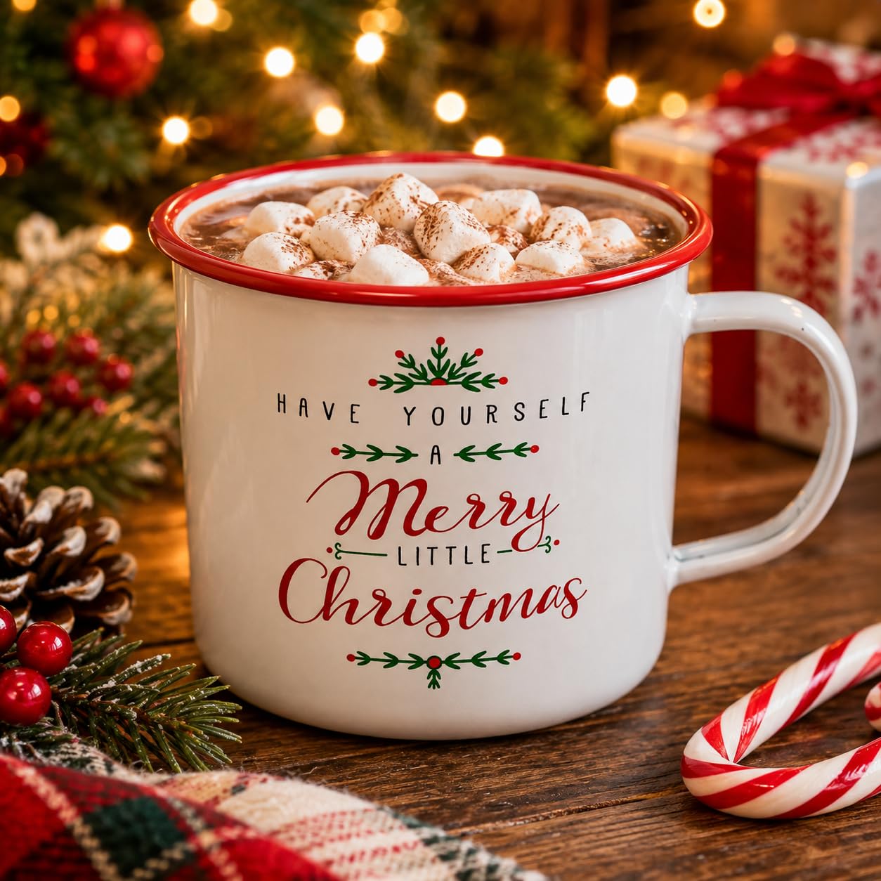 Wowser Merry Little Christmas - Taza de Desayuno, esmaltada, Color Rojo y Blanco, 3 3/4 Pulgadas de Alto