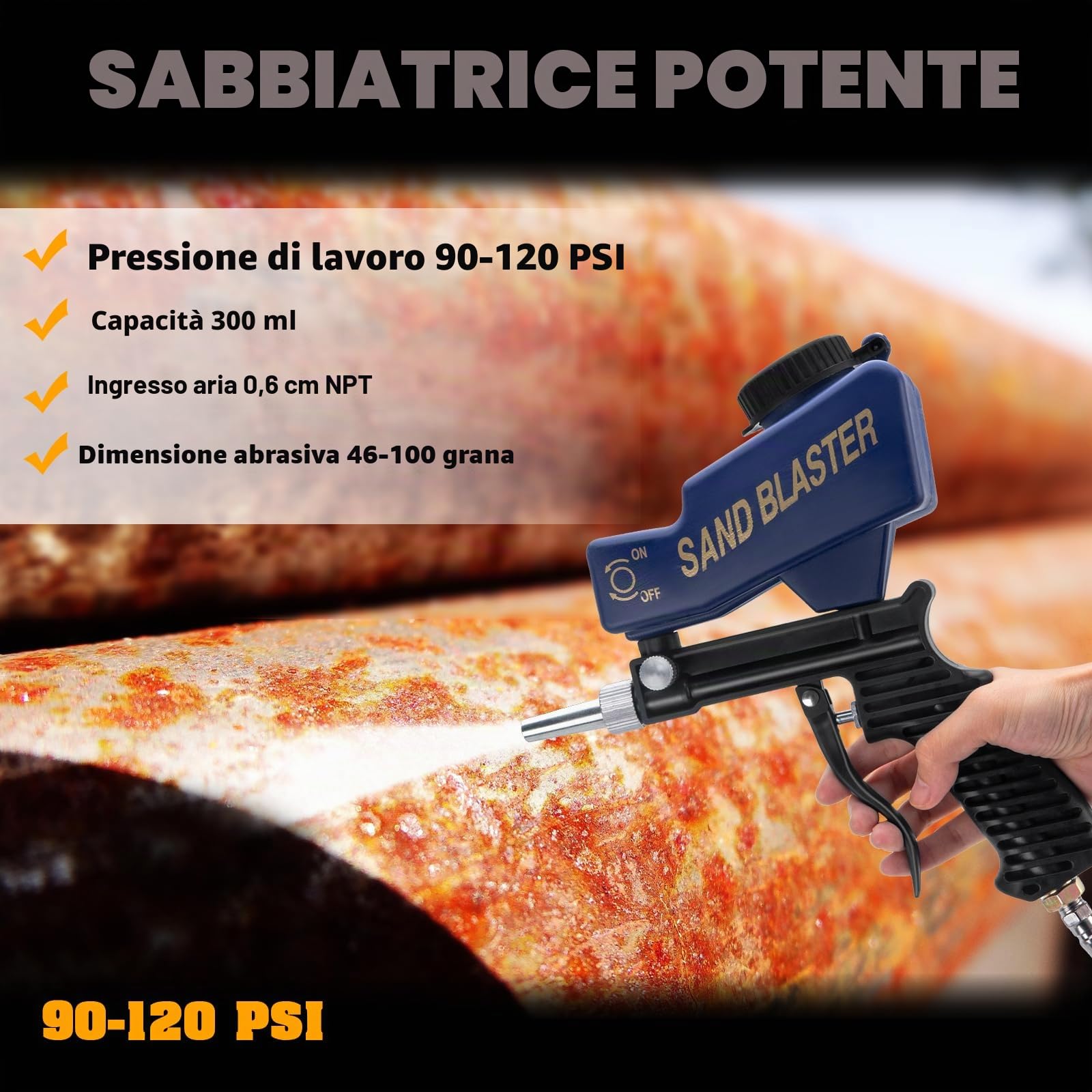 Kit Pistola Sabbiatrice per Compressore d'Aria, Sabbiatrice Manuale per Metallo, Legno e Vetro, Sabbiatrice Pneumatica Portatile per Rimuovere la Ruggine fino a 120 PSI, Macchina Sabbiatrice a Soda