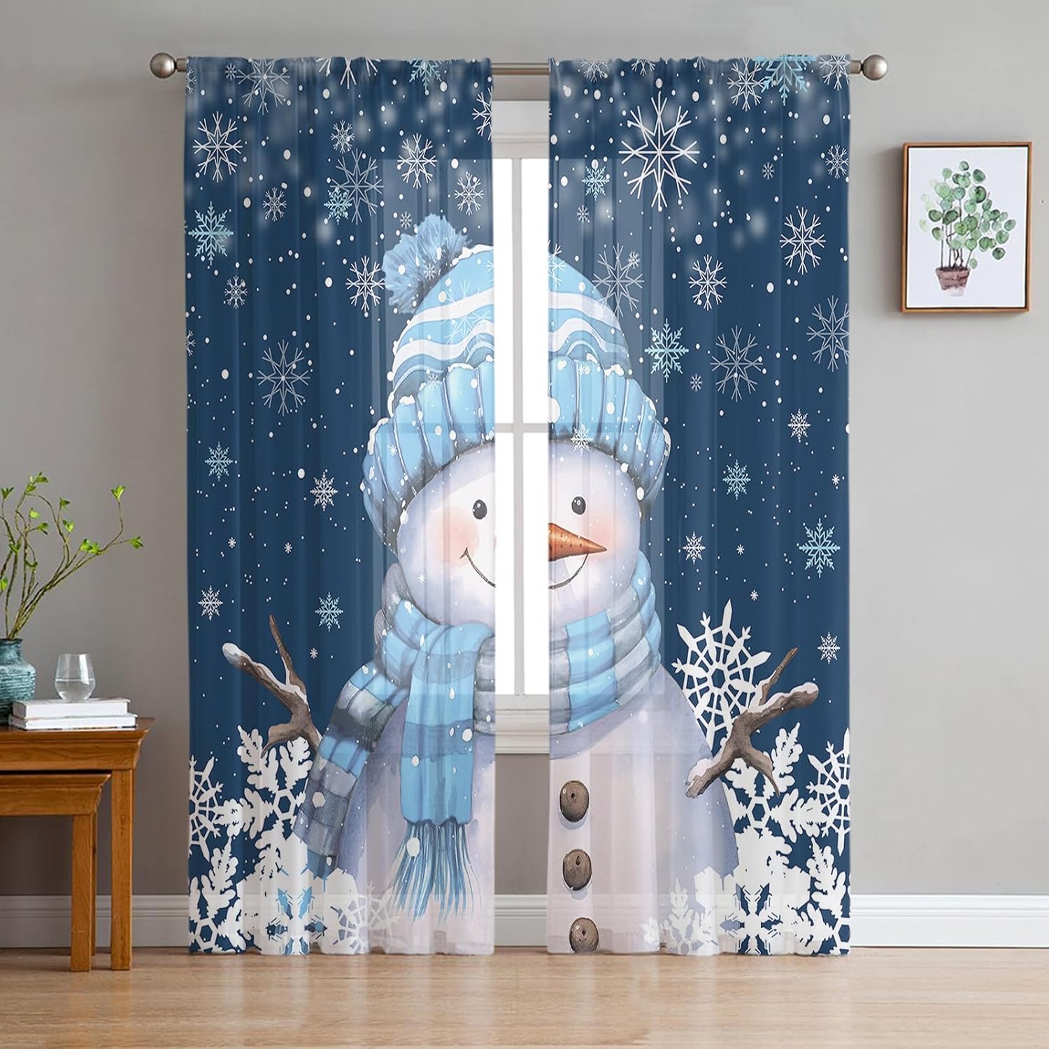 Christmas Snowman Navy Blue Sheer Curtains 84 Inches Long 2 Panels, Snowman with Blue Cap Snowflake Rod Pocket Window Treatments Curtains Sheer Backdrop Curtains for Winter New Year Xmas, 52"x84"
