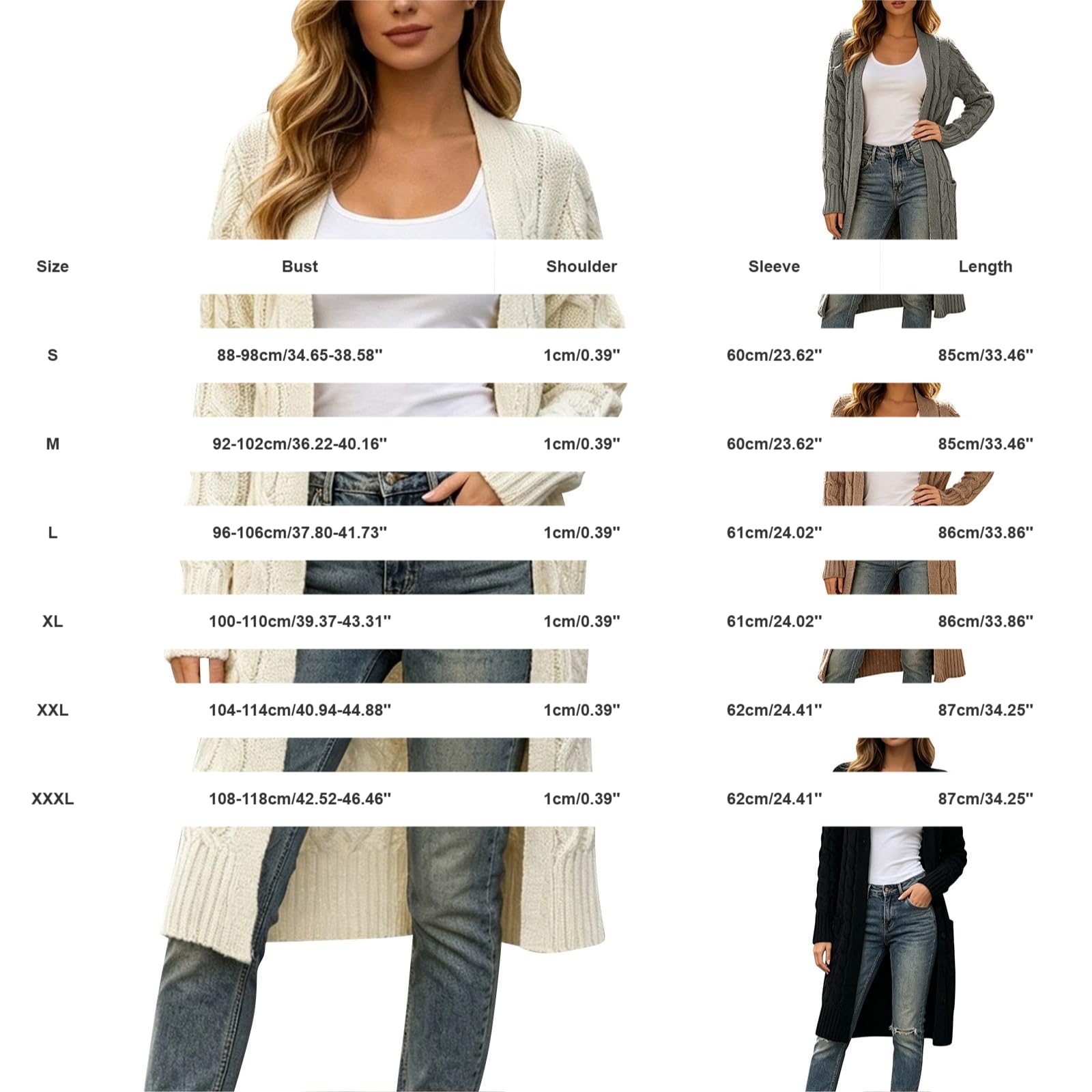 Cardigan da donna aperto sul davanti, a costine, casual, tinta unita, a