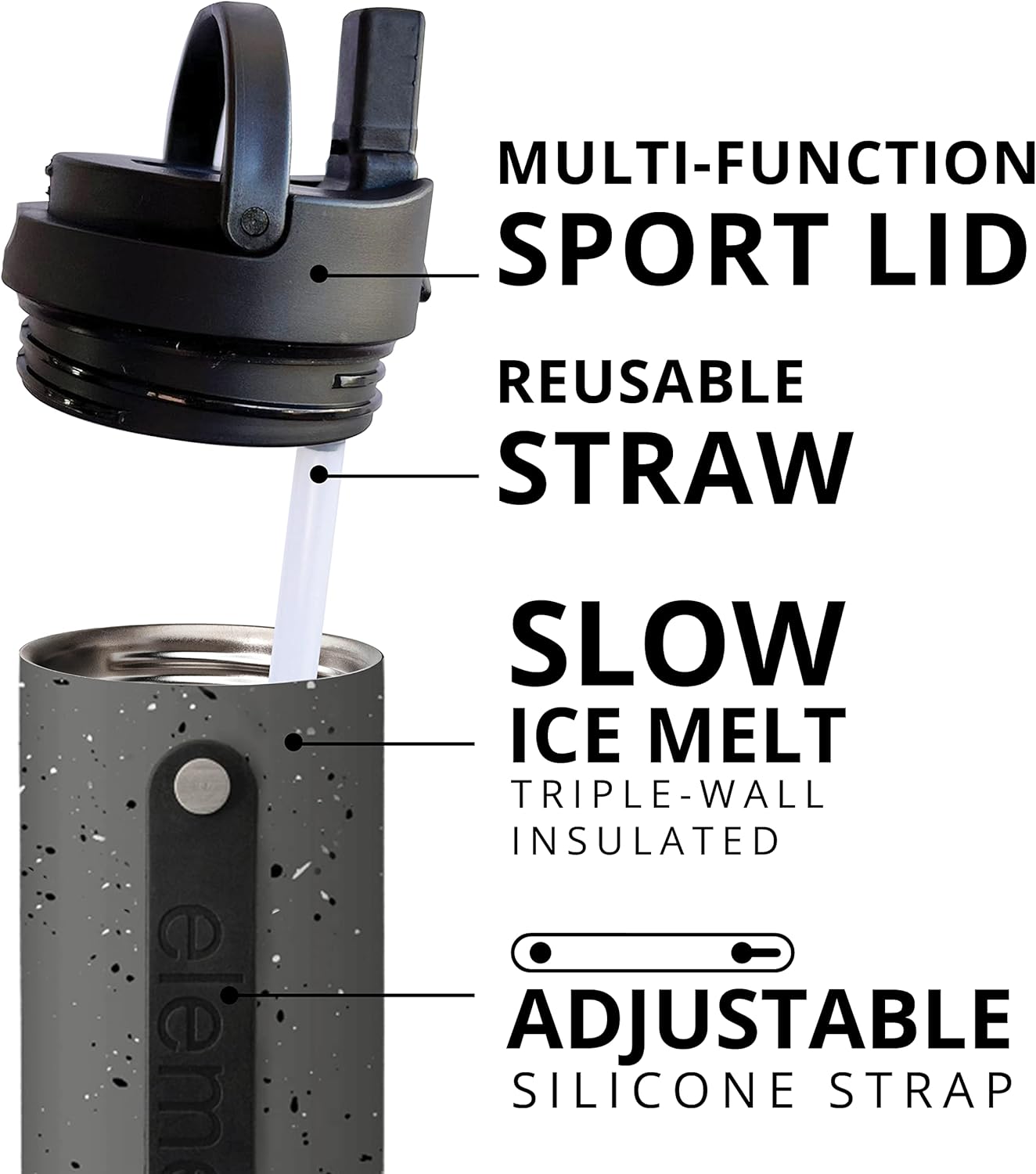 Elemental Iconic Stainless Steel Water Bottle with Straw - 20 oz Leak Proof Triple Wall Insulated Water Bottles for Travel and Sports - Reusable Gym Water Bottle with 2 Straws - Grey Speckle - Image 5