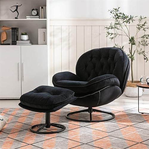 Velvet Swivel Accent Chair with Ottoman Set, Modern Lounge Chair with Metal Base Frame & Footrest, Comfortable Single Leisure Sofa Chair Reading Chair with 360 Degree Swiveling for Living Room, Black