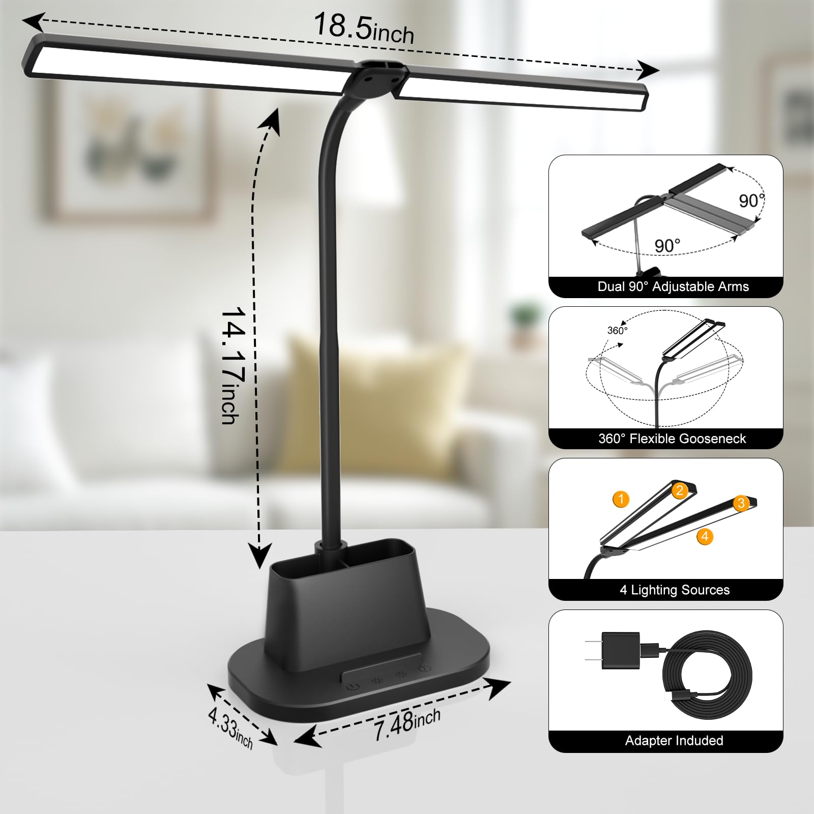 LED Desk Lamp, Eye-Caring Desk Light with Organized Base, 5 Color Modes & 5 Level Brightness, Adjustable Flexible Gooseneck Touch Lamp, Small Desk Lamp for Home Office, College Dorm Room Essentials