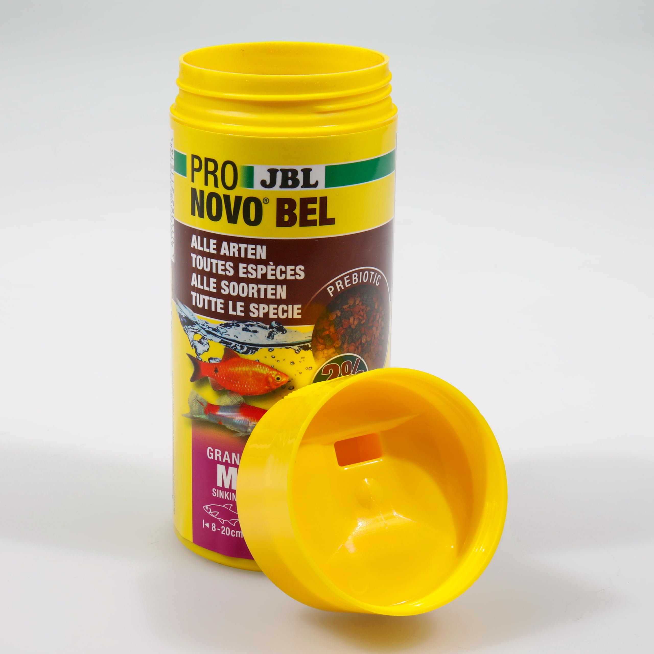 JBL PRONOVO BEL GRANO, Aliment de Base pour tous Poissons d'Aquarium de 8-20 cm, Granulés pour Poissons, Doseur à clic, taille M, 250 ml