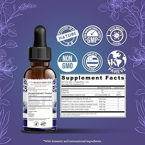 Miniatura 8 de GuruNanda Aceite de semilla negra, Nigella sativa prensada en frío, rico en vitamina D3, 5000 unidades, K2 y E, alta timoquinona  Potente