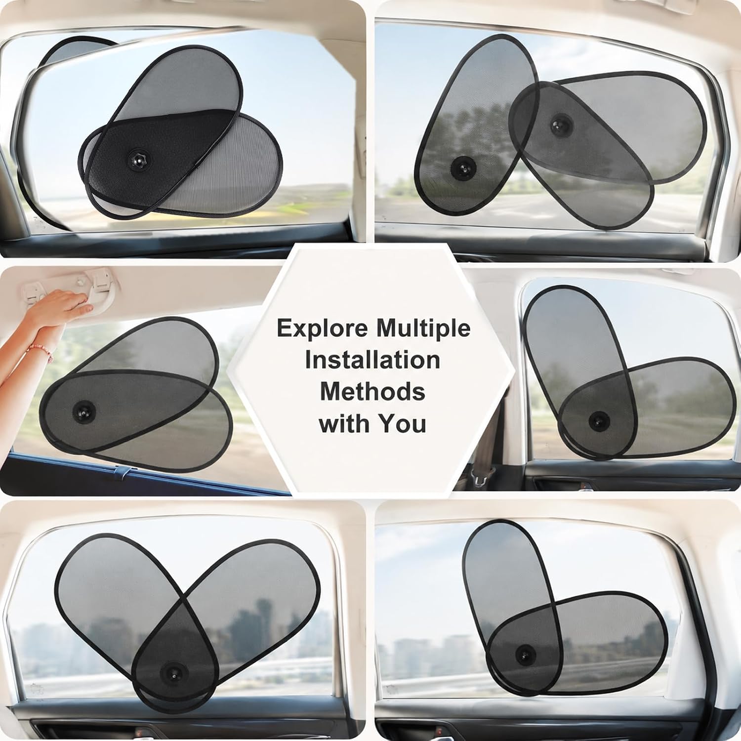 4PCS Car Window Shade Rotatable Mesh Sun Blockers for Auto, Adjustable UV Glare Protection Driver Side Window Sunshades with Strong Suction Cups, Universal Fit for Most Vehicles, Black PP Nylon