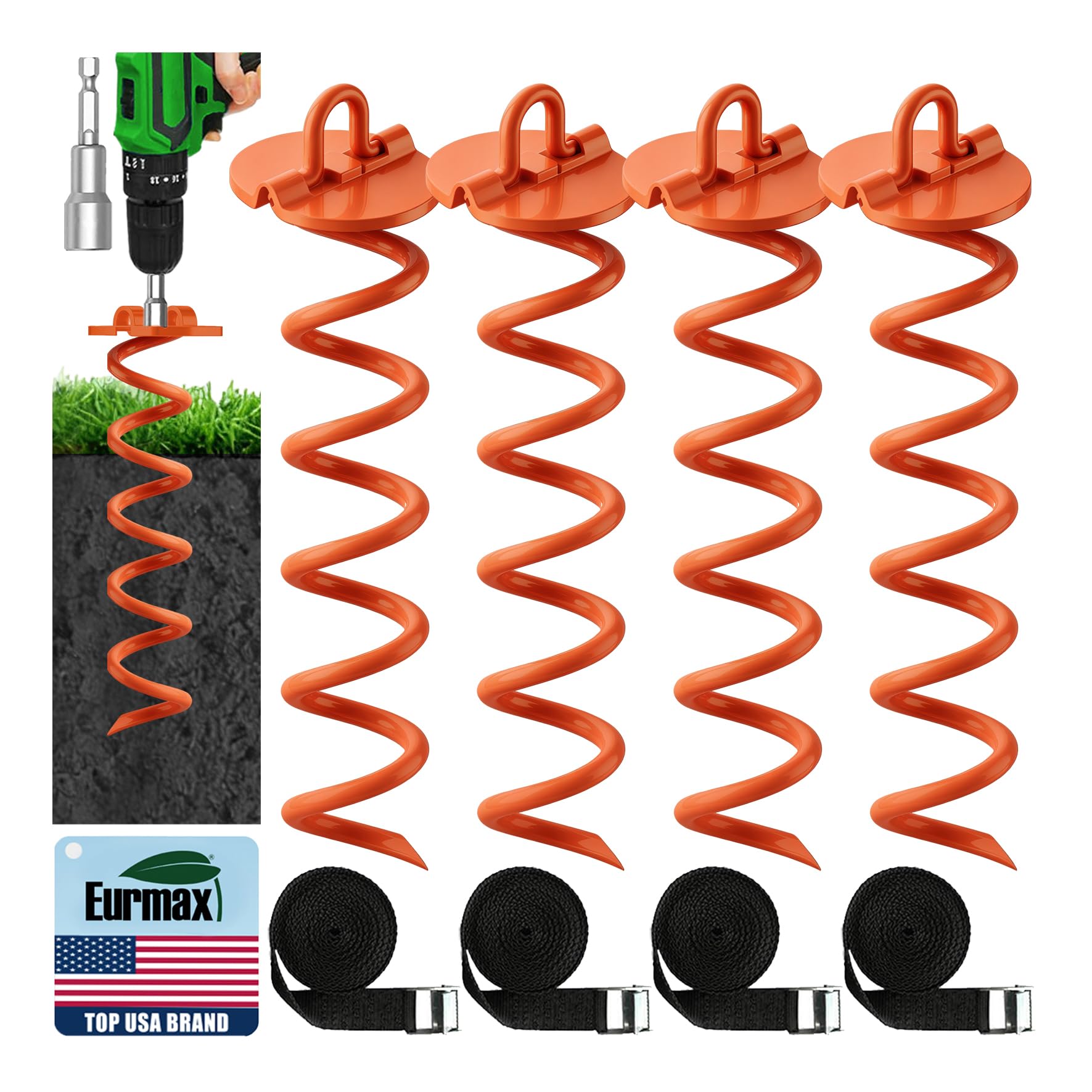 Eurmax USA 4-Pack Spiral Ground Stakes,Anti-Rust High Wind Trampoline Stakes Anchors,Heavy Duty Screw-In Anchor Kit with Tie Down Straps for Dog Tie-out,Trampoline,Tents,Tarps,Carports and more,Orange