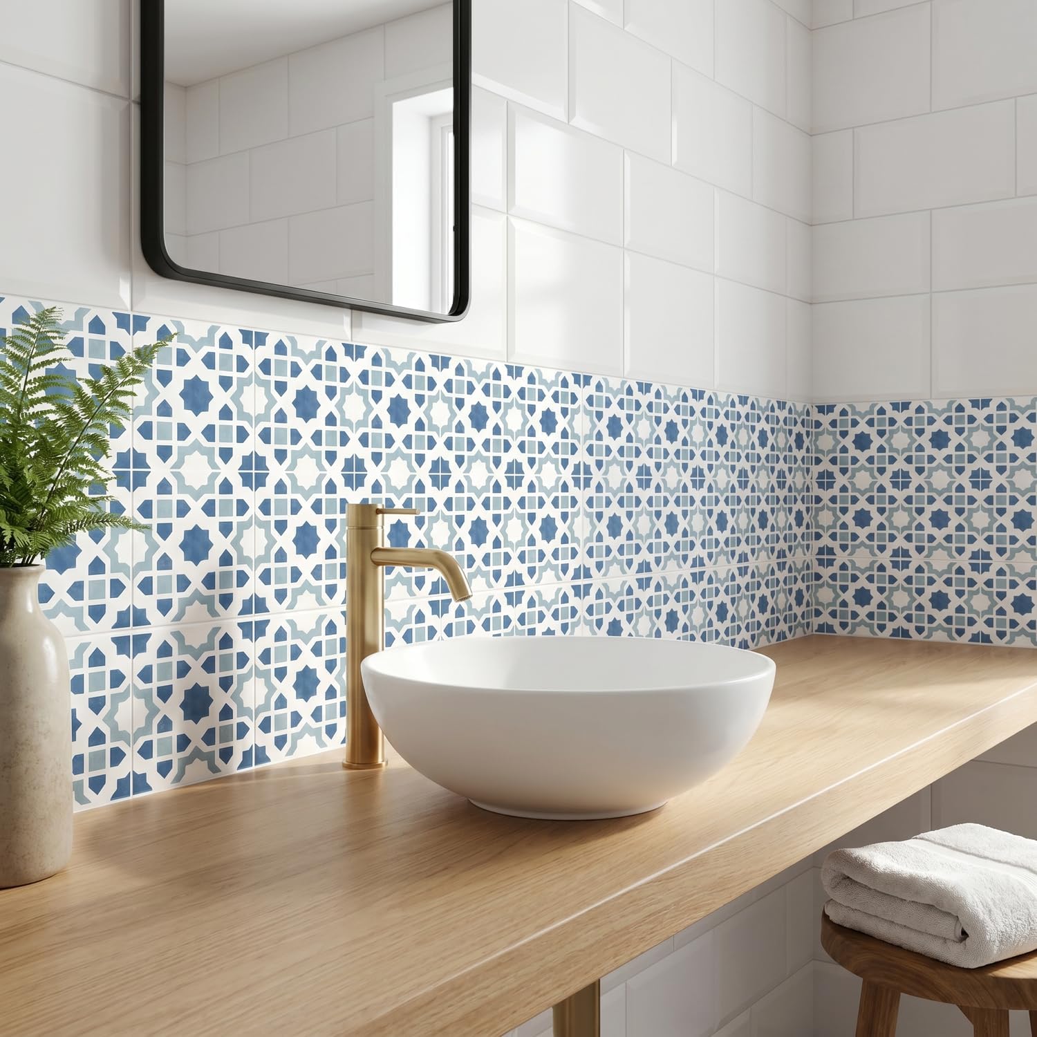 16 Pack, 5.9 Inch Modern Moroccan Tile Decals, Dusty Blue Geometric Peel and Stick Vinyl for Backsplash, Stairs & Furniture