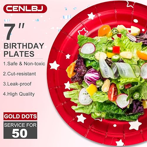 Miniatura 3 de Platos de papel para fiesta de cumpleaños, platos de postre desechables de cumpleaños rojos, 50 unidades de suministros de fiesta de 7 pulgadas,