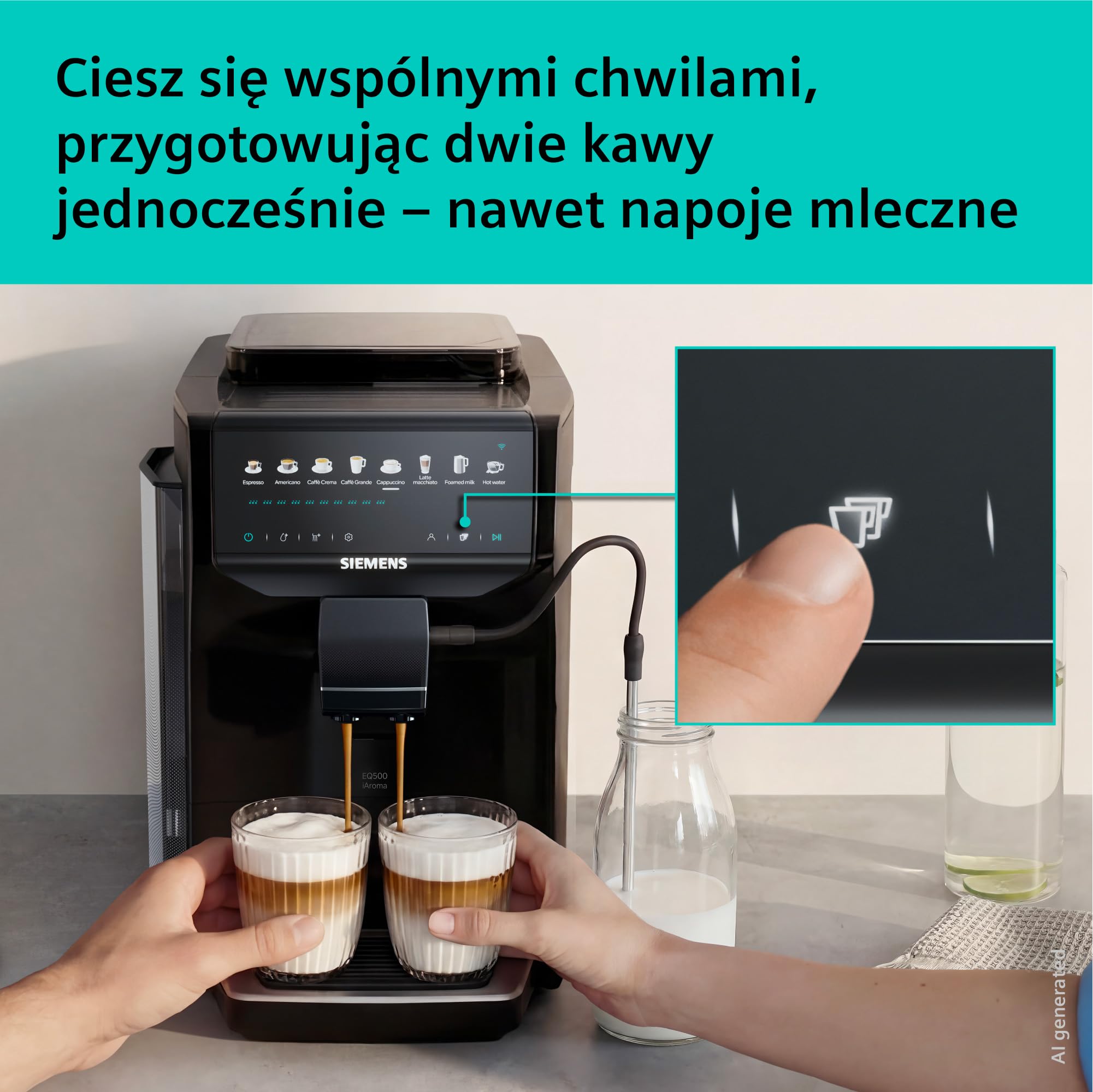 Siemens EQ500 iAroma, w pełni automatyczny ekspres do kawy ze zintegrowanym młynkiem, dotykowe sterowanie dla 8 napojów i szybka personalizacja, łatwe czyszczenie, czarny, TP553E19