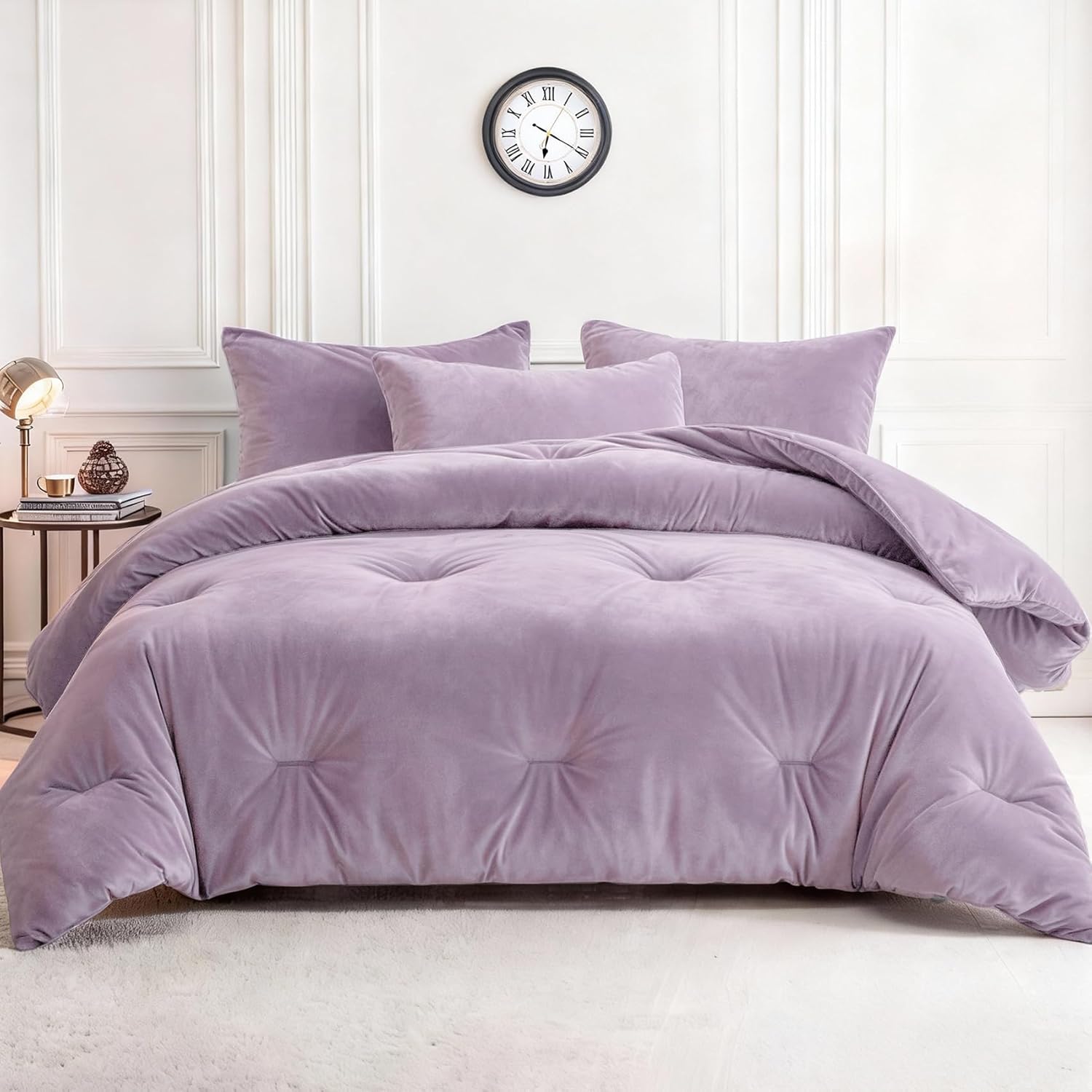 Velvet Comforter Set King Size, Light Purple Fluffy Velvet 3 Piece, Soft Breathable Luxury Winter Warm Bedding Sets, with 1 Cozy Comforter, 2 Pillow Shams (Lavendar)