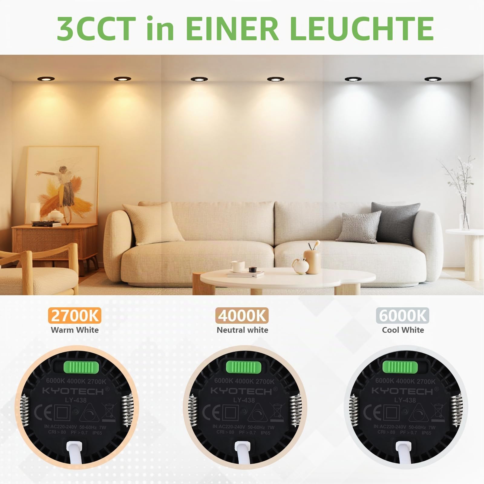 KYOTECH LED Einbaustrahler 230V Dimmbar 3CCT IP65 Deckenspots 60-75mm | 7W 770LM LED Einbauleuchten 2700K/4000K/6000K Spot Ultra Flach für Badezimmer Balkon Wohnzimmer 10er Schwarz