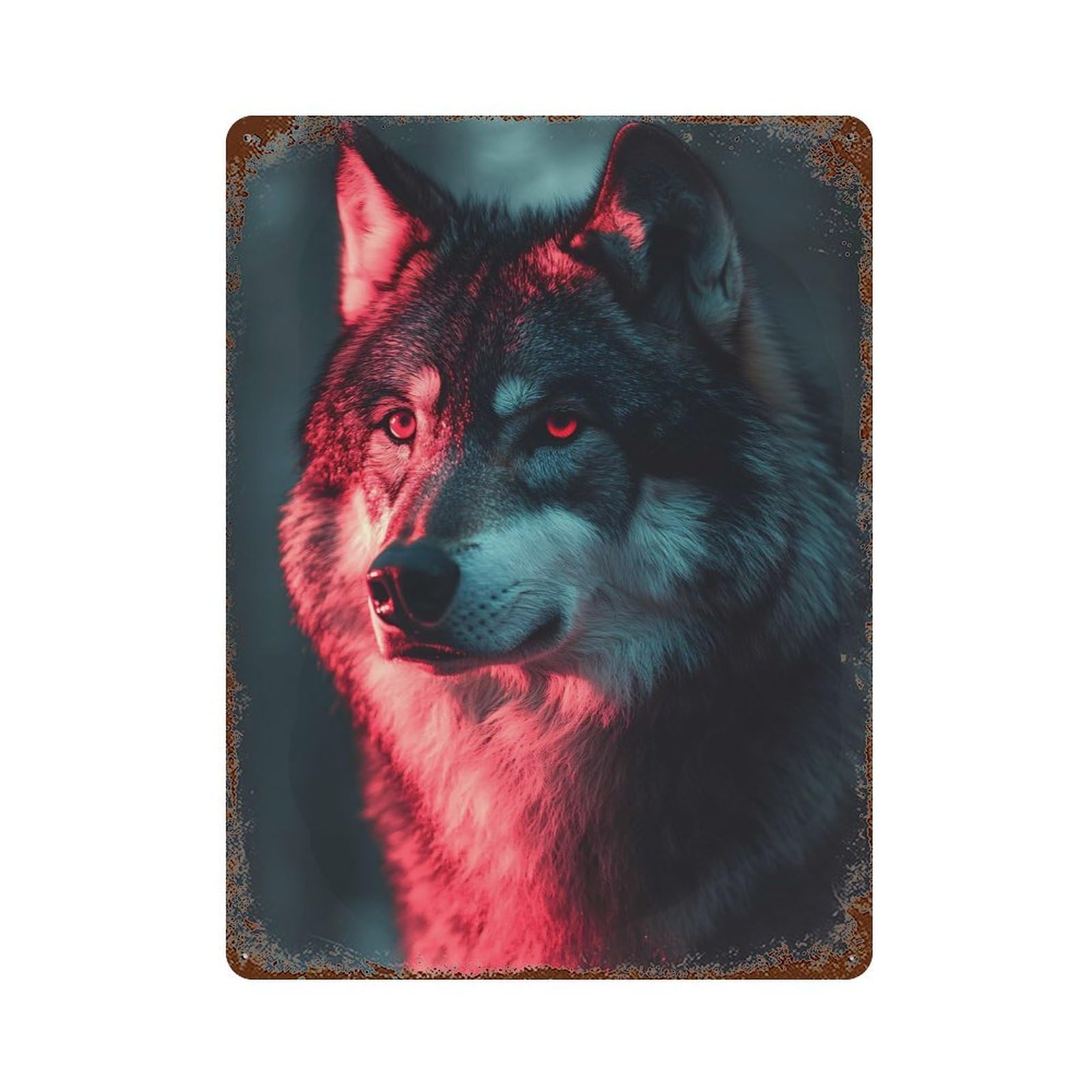 Rust Effect Wolf Portrait with Red Lighting Rustic Tin Plaque 15.7"x11.8", Classic Wall Plaque for Shed, Workshop And Garage Wall Decor