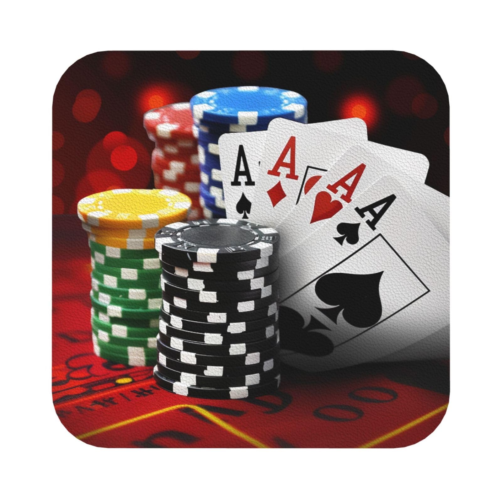 Poker Tournament Print Leather Coaster Set of 6, Square Coasters Table Decorative Coffee Cup Beverage Coasters Wine Beer Bar Coasters for Hot Drinks Table Protection