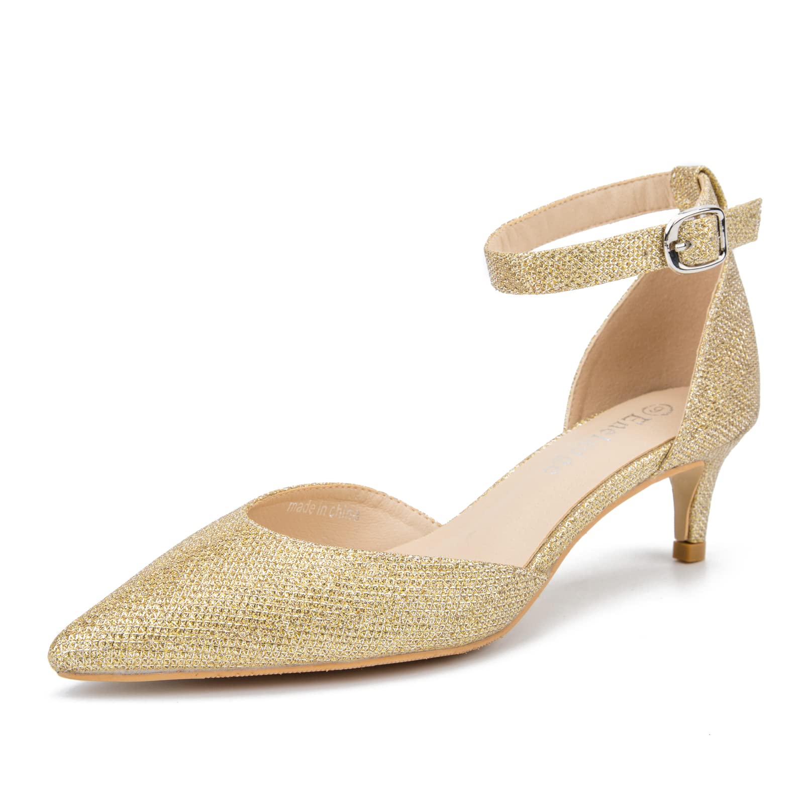 Enelauge Women's Low Kitten Heels Pumps Pointed Toe Ankle Strap Buckle