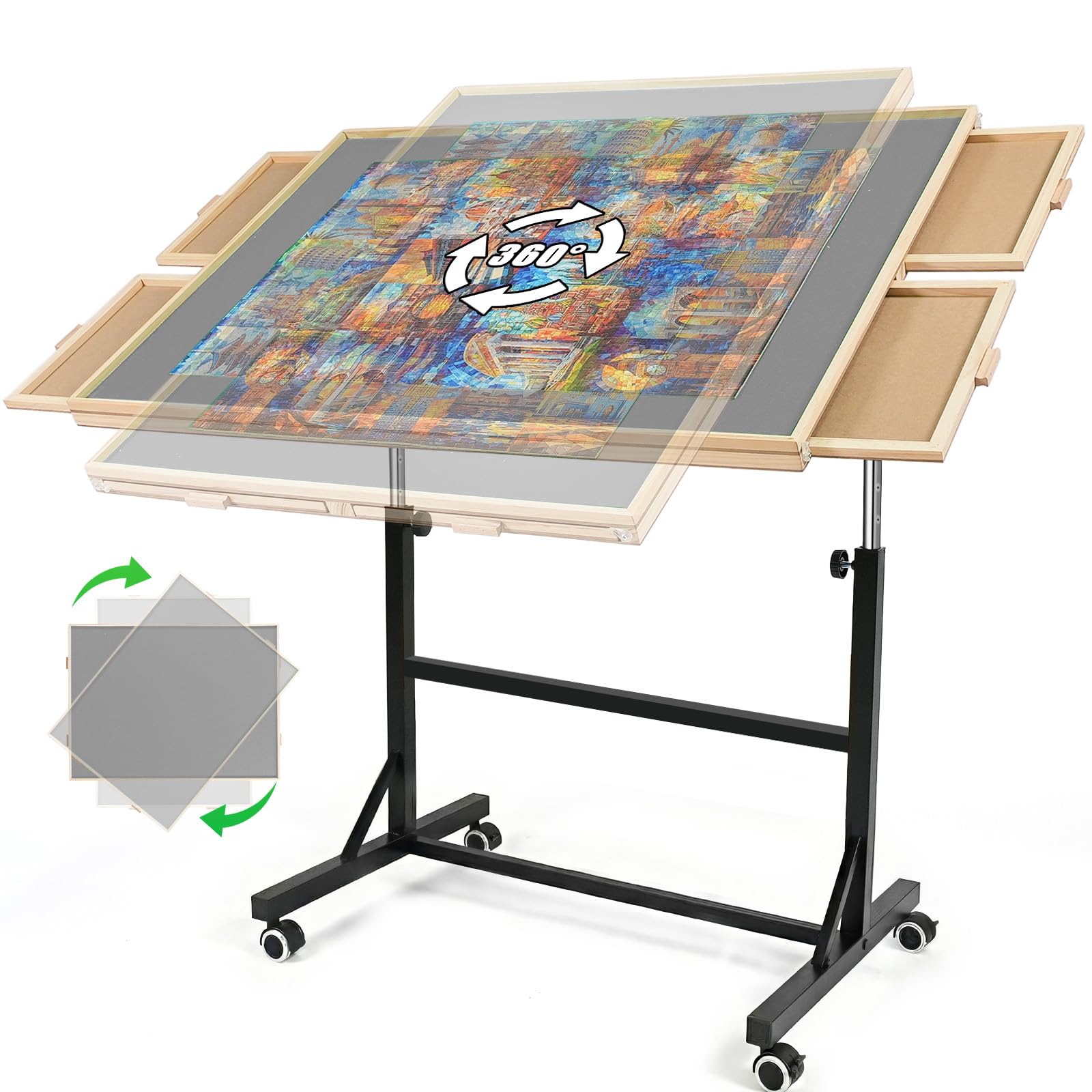 Tavolo puzzle da 1500 pezzi con gambe e ruote, tavolo puzzle in legno con 4 cassetti e copertura, stabilità migliorata e design leggero ottimizzato, opzione verticale