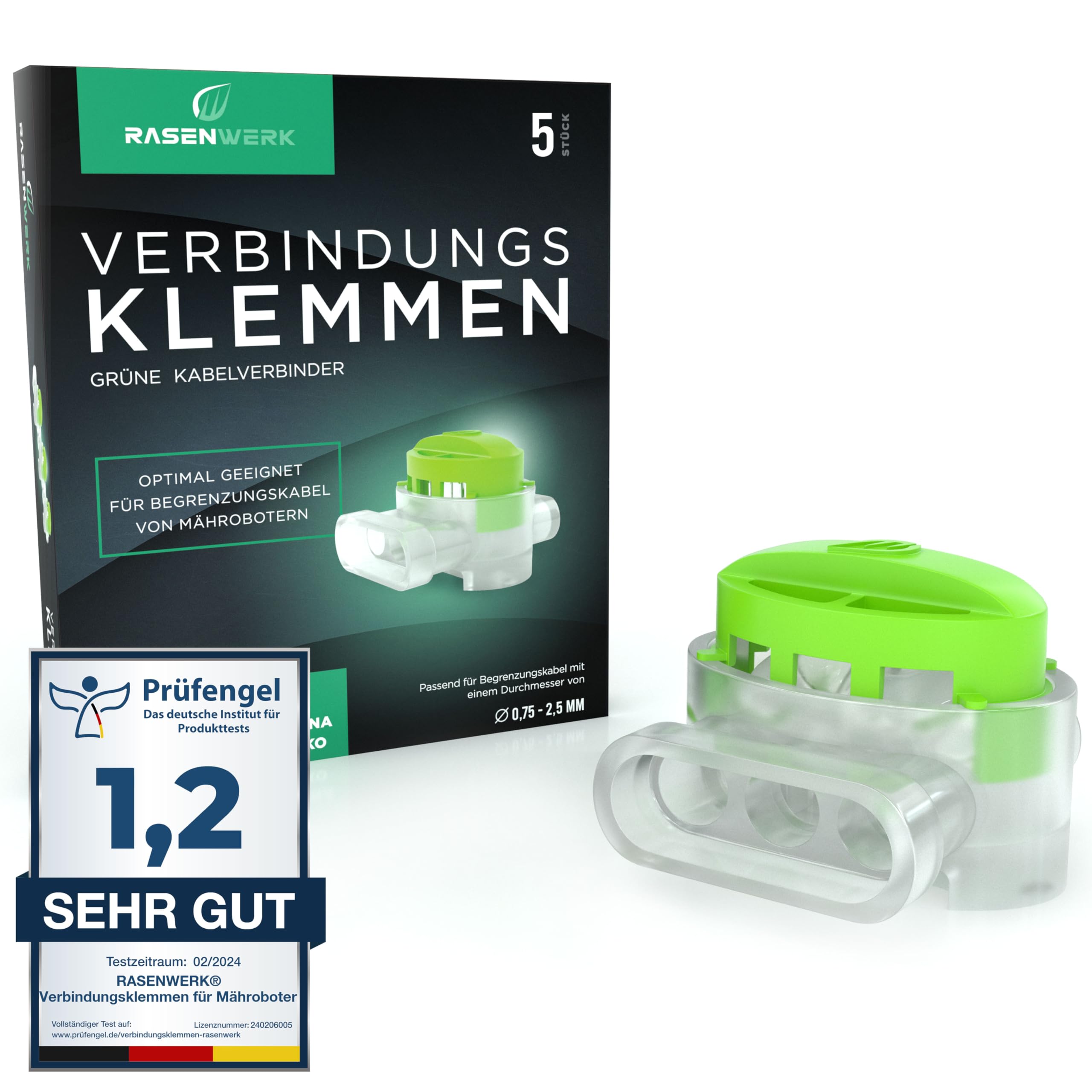 RASENWERK® - Kabelverbinder für Mähroboter Begrenzungskabel - Verbindungsklemmen mit wasserdichter Gelfüllung - Kompatibel mit Markenherstellern wie Gardena, Husqvarna, Worx, Bosch - 5 Stück