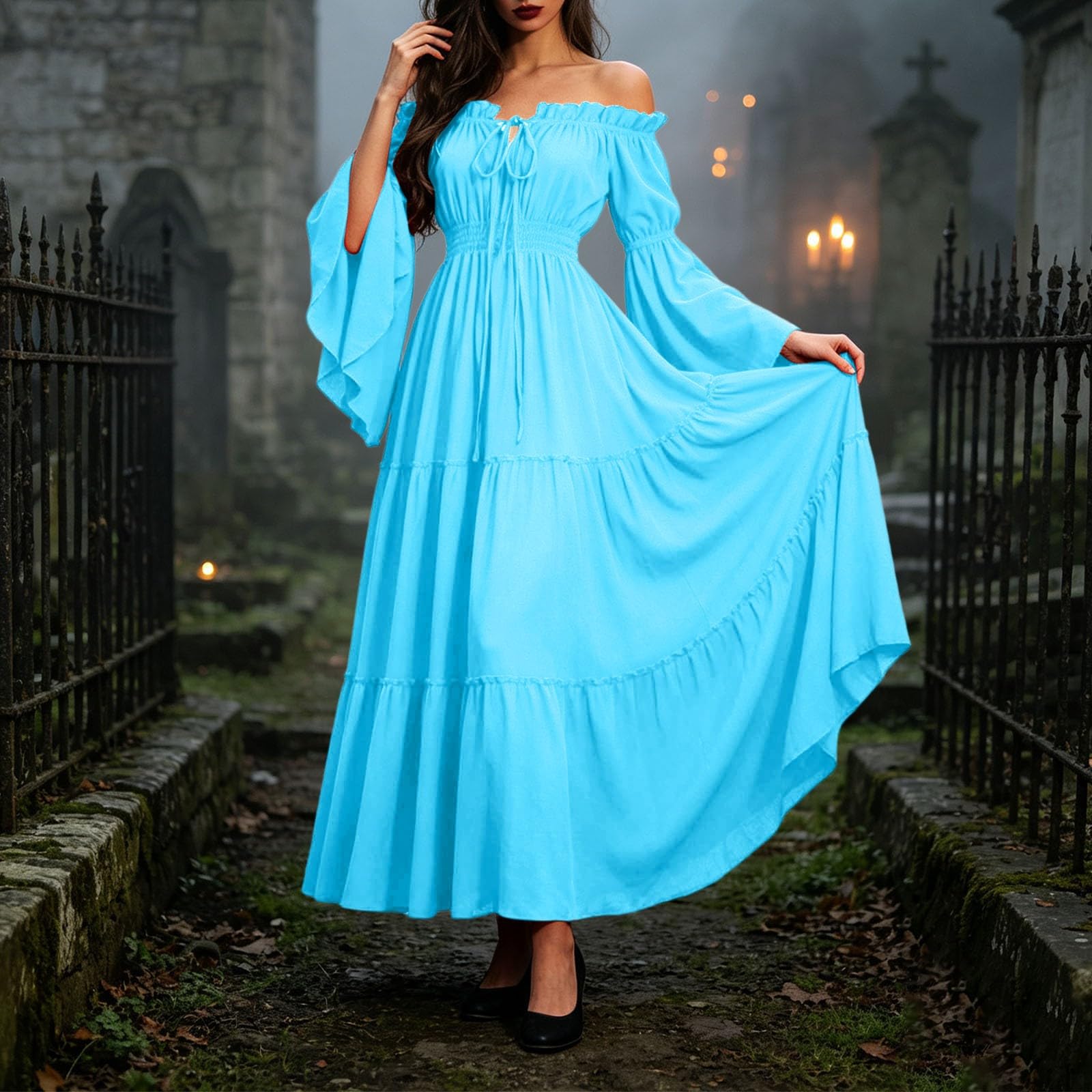 Abito medievale da donna a corsetto con spalle scoperte e traino | Abito da ballo festivo, modellante, perfetto per balli e mercati medievali