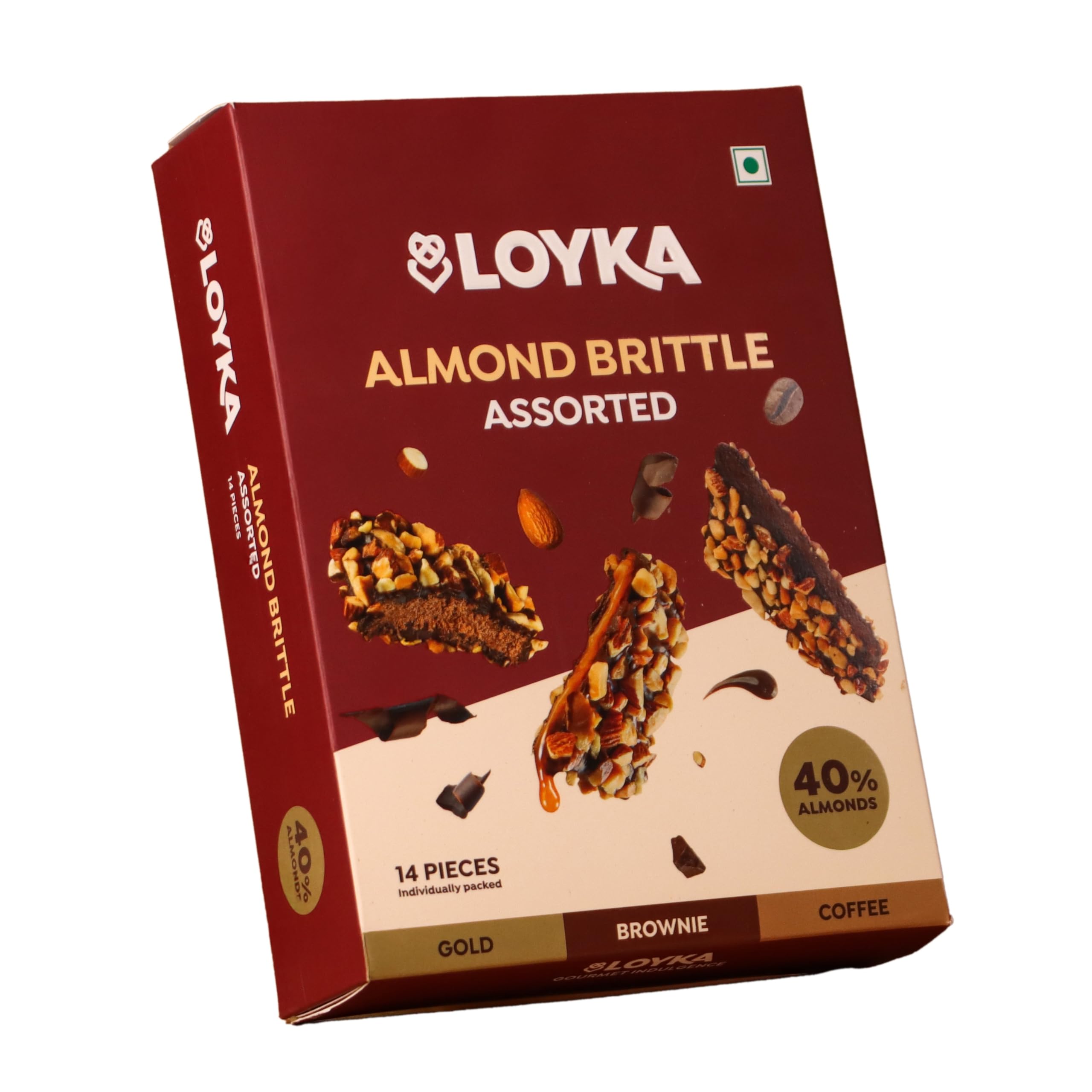 Loyka Almond Brittle Assorted Choco Box - 14 pcs | Premium Chocolate Gift Hamper | Choco & Nut Dryfruit Delicacy | Roasted California Almonds (40%), Dark Choco & Salted Caramel | Any-time snack