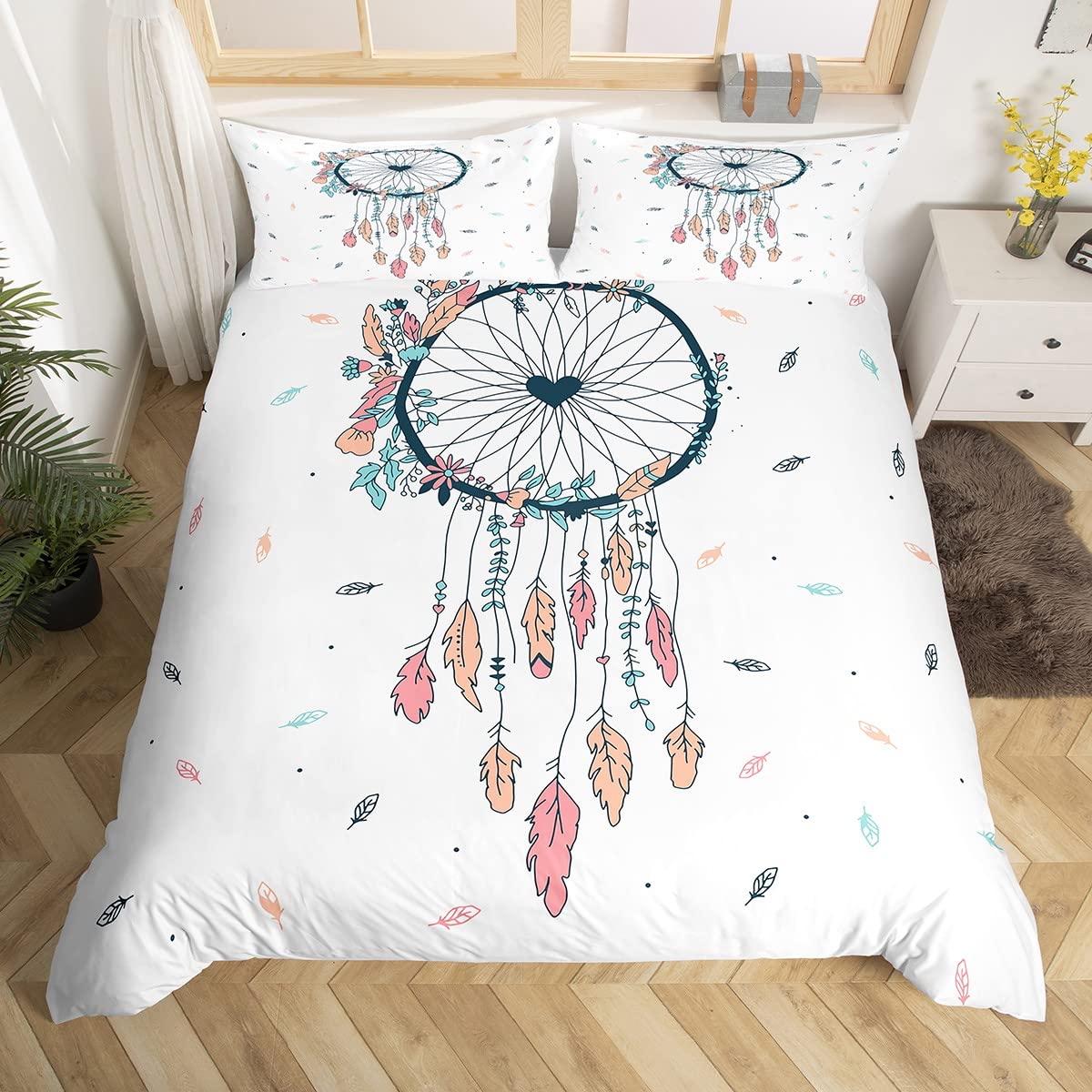 Loussiesd Boho Dreamcatcher Bedding Set Kids Kawaii Bohemian Comforter Cover Set for Girls White Feather Duvet Cover Breathable Drawing Flower Bedspread Cover Double