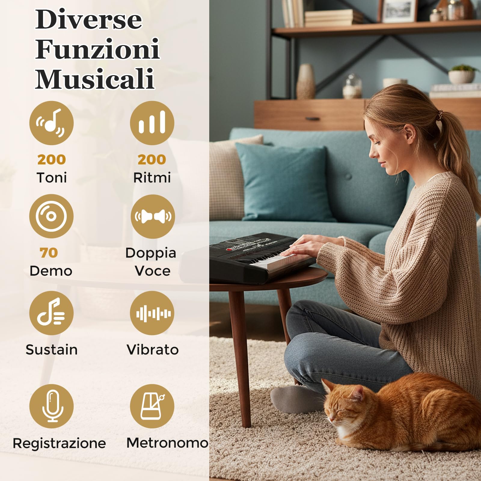 COSTWAY Tastiera Pianoforte a 61 Tasti, Set Tastiera Elettrica con Supporto Regolabile e Sgabello, 200 Ritmi & 200 Toni, 70 Demo, Adesivi per Note, Strumento Musicale per Principianti e Adolescenti