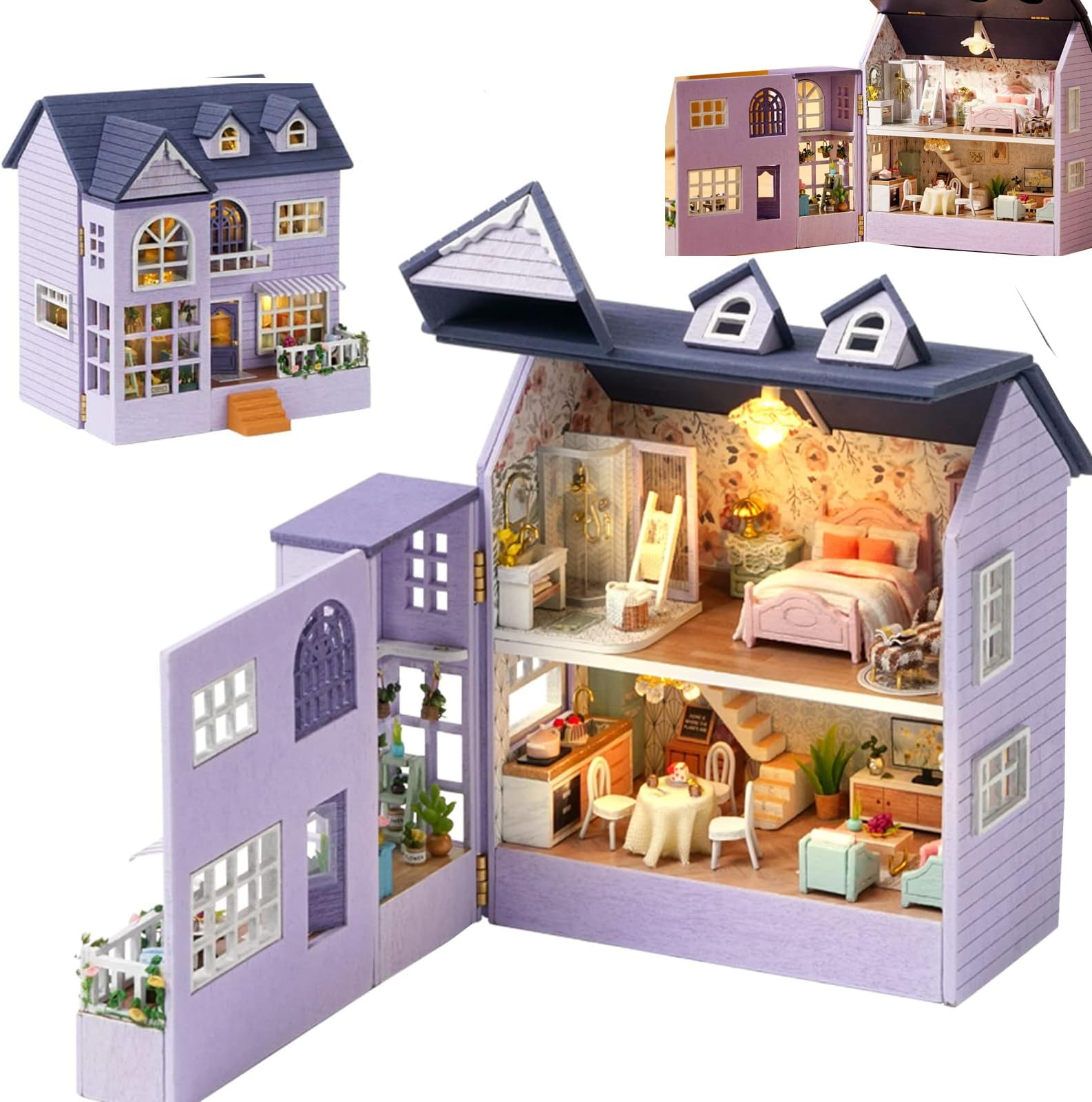 Dollhouse DIY Miniature Wooden Furniture Kit, Mini Handmade Doll House with LED, Furniture Kit 1:24 Scale Creative Doll House Toys for Adult Friend Lover Birthday Gift