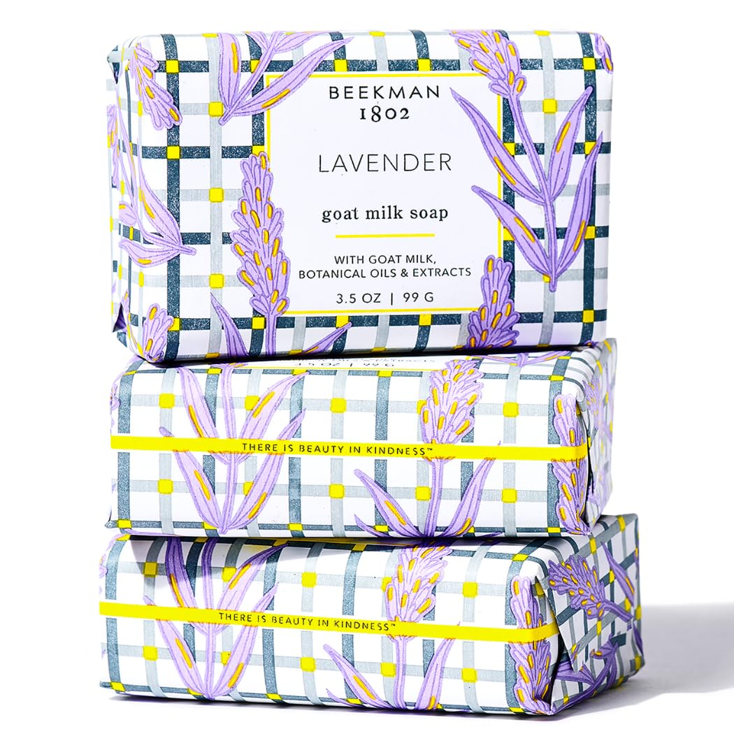 Beekman 1802 Goat Milk Body Soap Bar 3-Piece Set, Lavender - Scented - 3.5 oz - Nourishes, Moisturizes & Hydrates - 100% Vegetable Soap with Lactic Acid - Good for Sensitive Skin - Cruelty Free