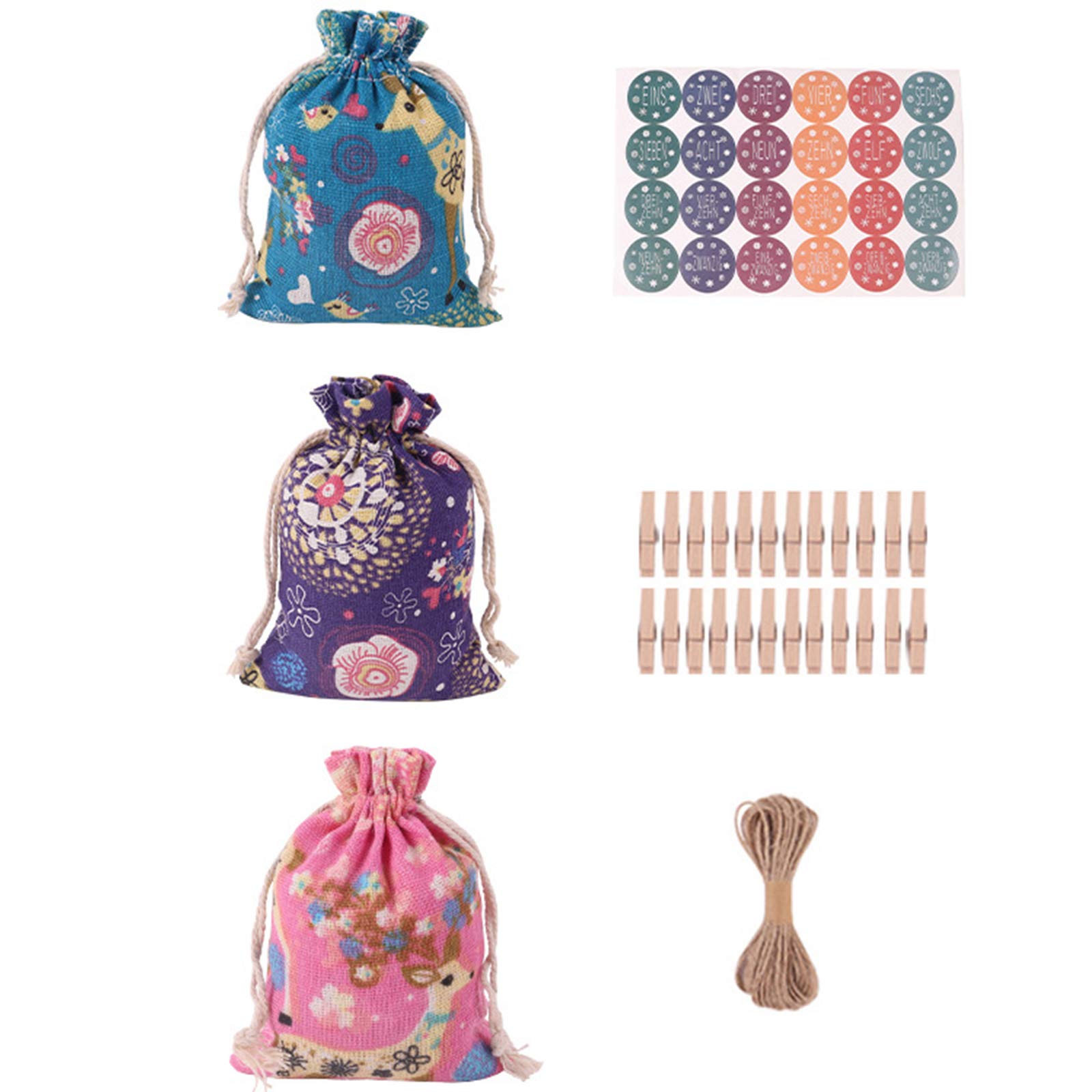 KunmniZ KUKALE Christmas Advent Calendar Bags 2021,24 Days Deer printing Burlap Bags with Paster,Wooden Clips & Hemp Rope DIY for Xmas,