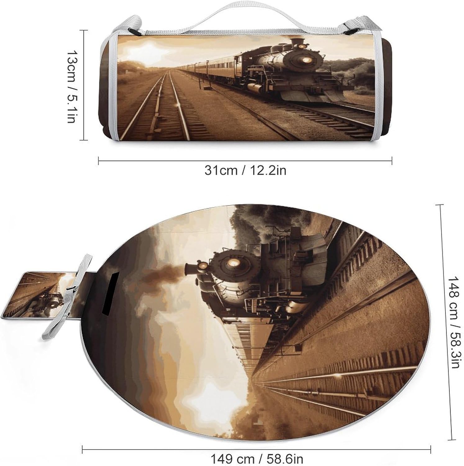 Train and Railway Picnic Mat Lightweight Waterproof Picnic Blankets Extra Large Picnic Outdoor Blankets Foldable Sandproof Beach Blanket for Park Beach Camping Courtyard 58.3''x58.3''