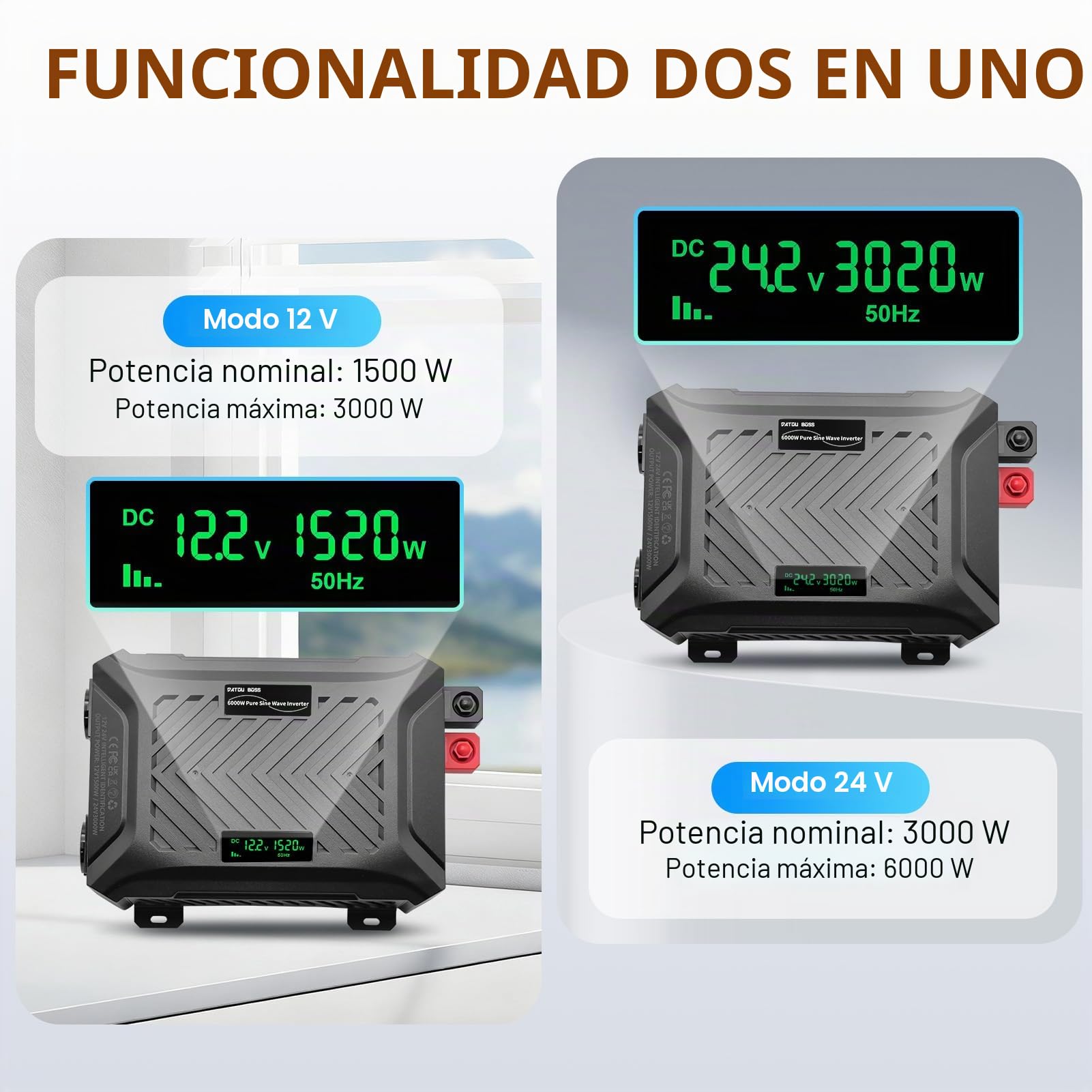 DATOUBOSS Inversor 24V 220V/230V Onda Pura 3000W/6000W, Convertidor 24V 220V 3000W con Pantalla LCD, 2 Tomas AC, 1 USB-A y 1 USB-C, para Autocaravana, Camión, Transformador Fuera de Red