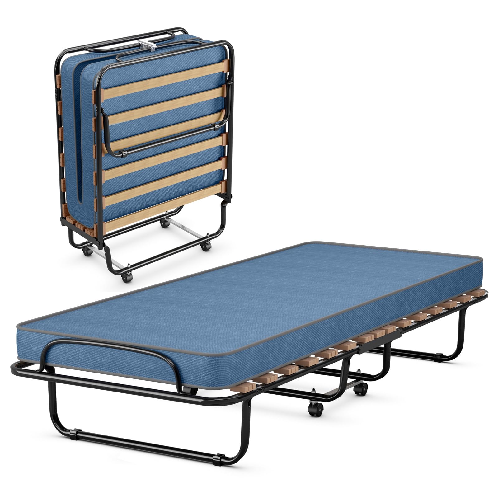 IFANNY Folding Bed with Mattress, Platform Bed on Wheels with Steel Frame & Wood Slats, Guest Bed Foldable with Memory Foam Mattresses, Small Single