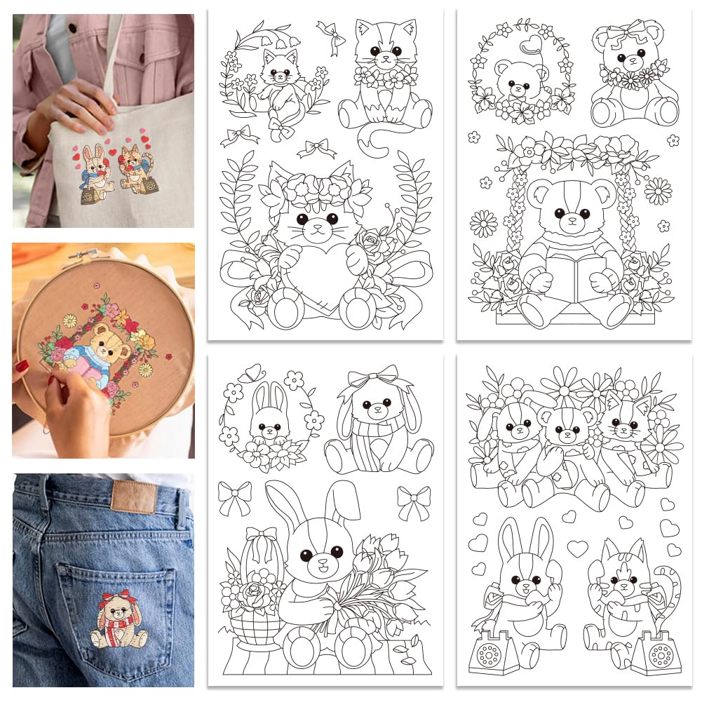 GLOBLELAND 4 Sheets Animal Dolls Water Soluble Hand Sewing Stabilizers Flowers Wash Away Embroidery Stabilizer Fox Bear Embroidery Stitch Practice for Embroidery Beginners Lovers
