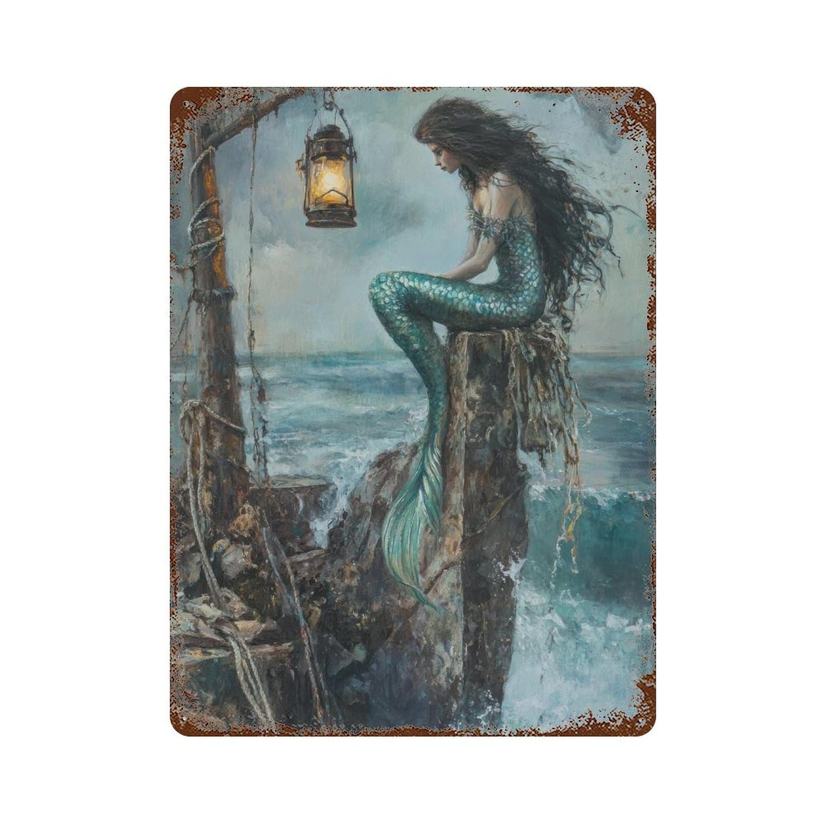 Mermaid Siren on The Rocks Ocean Mythical Coastal Decor Dark Academia Illustration Magical Sea Wall Decor Art Metal Tin Poster Modern Home Decor Art Home Bar Shop Decorations Vintage Sign 40x30cm