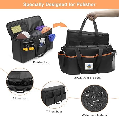 Miniatura 3 de WDG Organizador de limpieza de bolsas de detalles, 2 unidades, con asa y pulidora, bolsa grande para el cuidado del automóvil, bolsa de transporte
