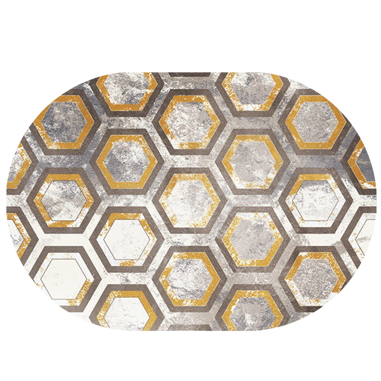 Rururug Modern Oval Teppich Kurzflor Teppichläufer Flur Korridor Wohnung Dekoration rutschfest Waschbar Teppiche, braune, gelbe, graue Hexagon-Geometrie,Oval 70 x 120 cm