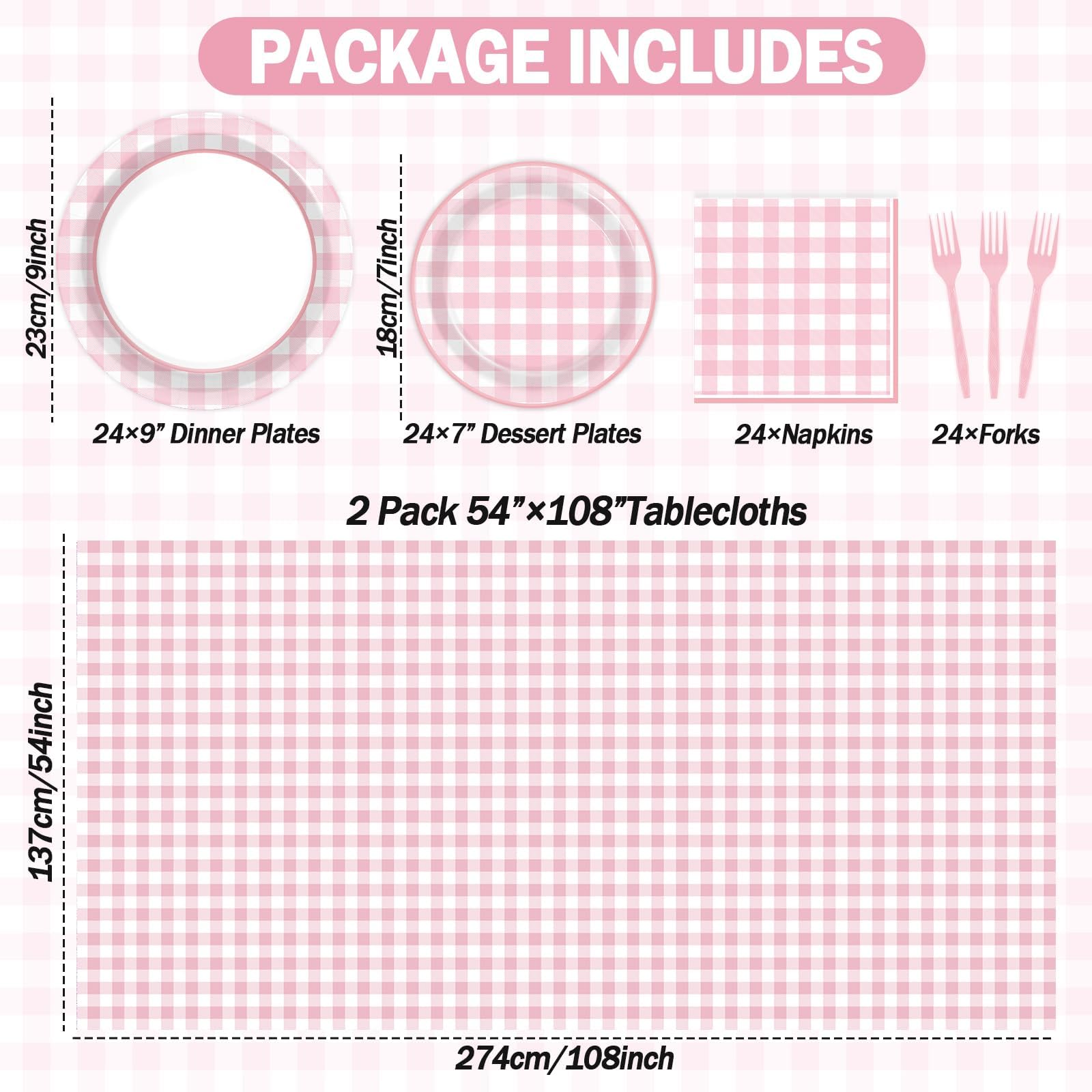 ZOIIWA 98 Pieces Pink Gingham Party Supplies for 24 Guests Pink and White Checkered Tableware Set Plaid Plates Napkins Tablecloth Party Decorations for Birthday Barbecue Picnic Dinner Favors