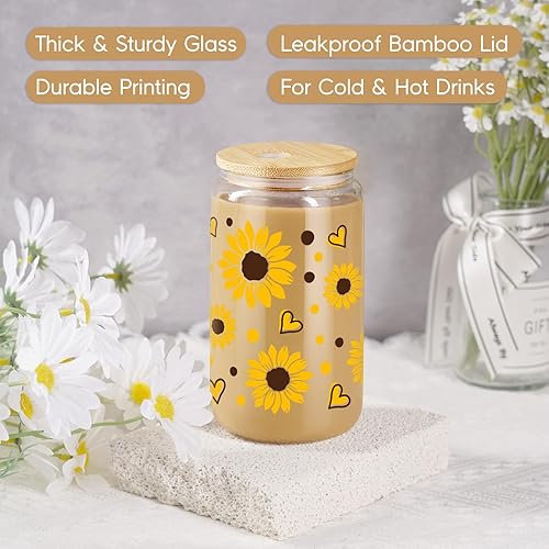 Miniatura 3 de GSPY Taza de girasol, bonita taza de café, regalos de girasol para mujeres, amigas, tazas de café helado de vidrio de 16 onzas, vaso de girasol,