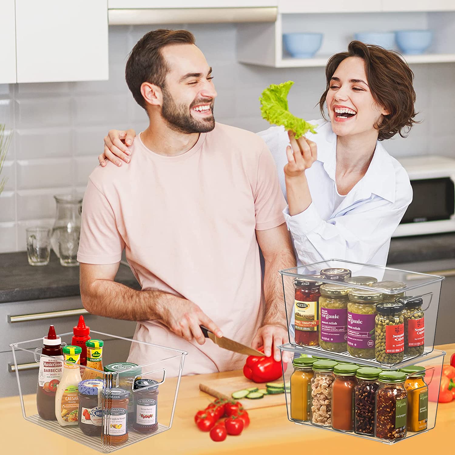 KOKITEA Plastic Storage Bins With lids – Stackable Kitchen Organization or Pantry Storage – Fridge Organizer, Pantry Organization and Storage Bins, Cabinet Organizers - 4 Pack