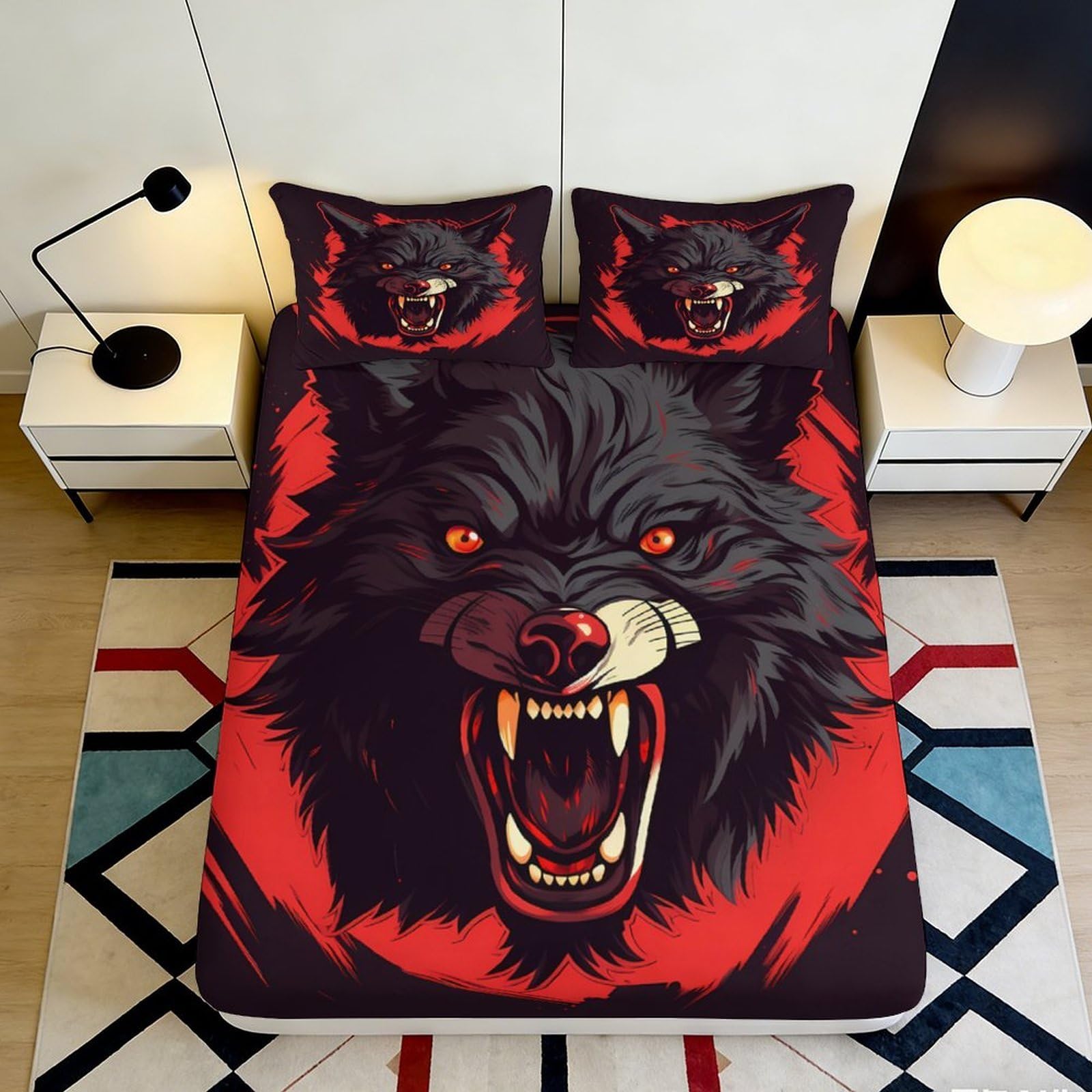 3D Printed Fierce Wolf Fitted Sheet Microfiber Soft Breathable Red Black Wild Animal Bed Cover for Bedroom Dorm Decor 90x200x25cm