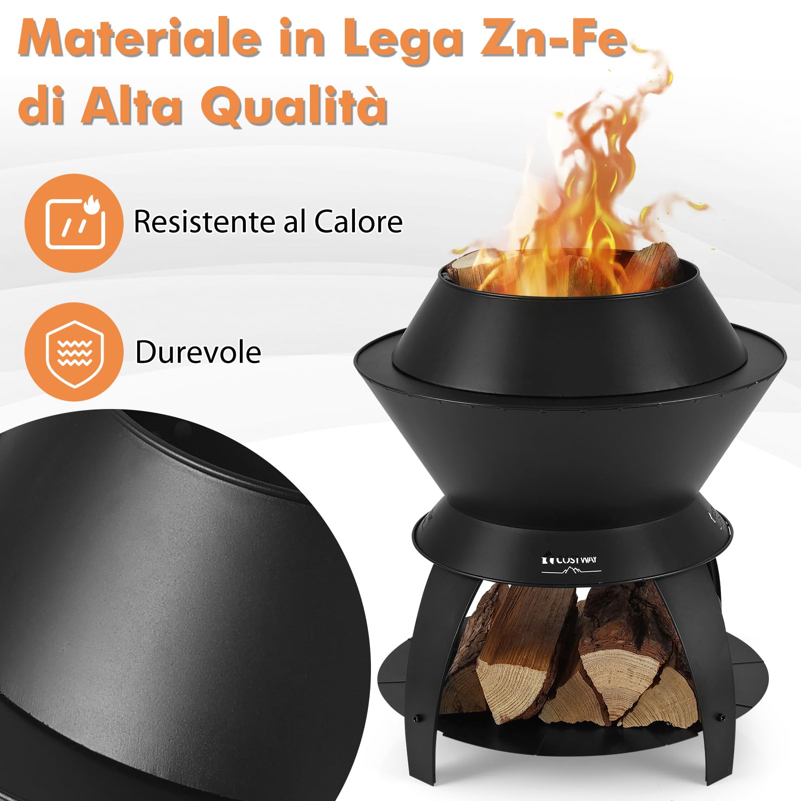 GYMAX Focolare per Esterni Senza Fumo da 50 cm, con Vassoio per Cenere e Anello per Pentola Rimovibile, Braciere da Giardino Campeggio 3 in 1 per Barbecue Cortile