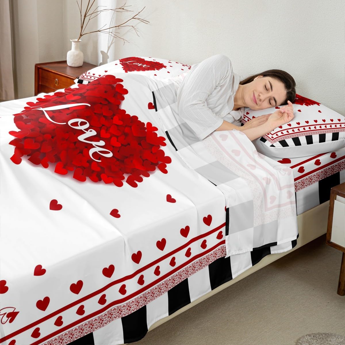 Feelyou Mr & Mrs Heart Bed Sheet Set Queen Size - Red Black Valentine's Day Fitted Sheet With Pillowcases, Deep Pocket