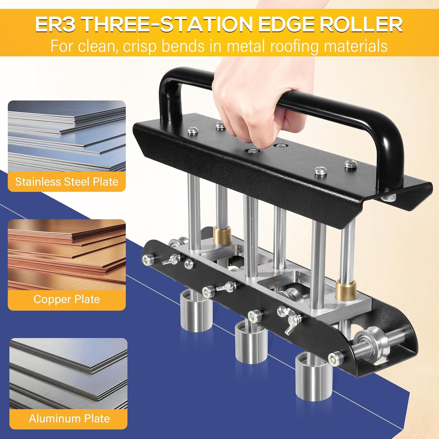 ER3 Three-Station Edge Roller, 0-90° Bending Angle, Large Radius Sheet Metal Bead Roller Bender, Adjustable for Making 5/8" to 4" Bends in 29 to 22-Gauge Steel