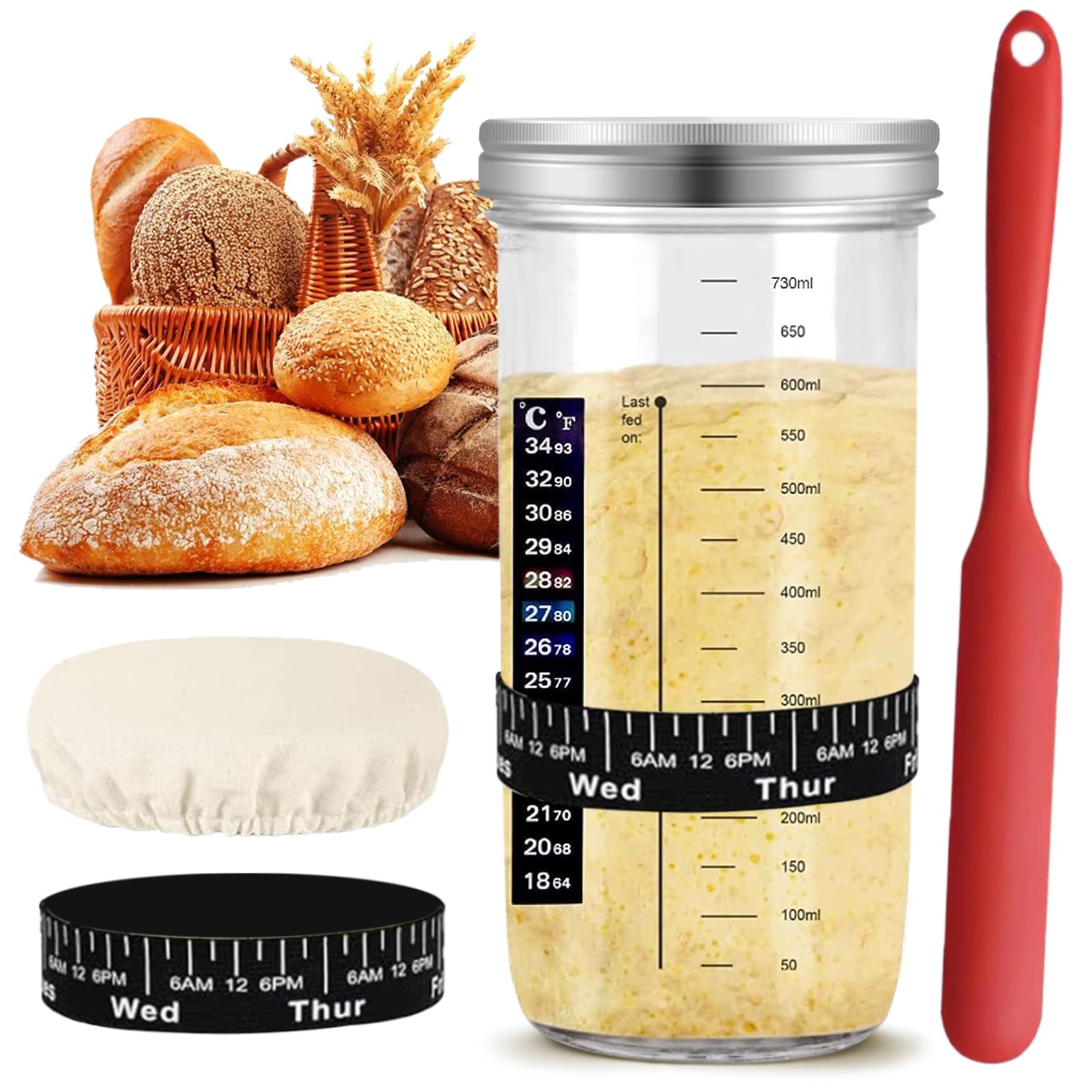 JUSJUBR Sourdough Starter Jar Kit, 25oz, 730ml Glass Round Jar, Reusable Wide Mouth Glass Sourdough Fermentation for Baking, with Silicone Scraper, Cloth Cover, Thermometer Band
