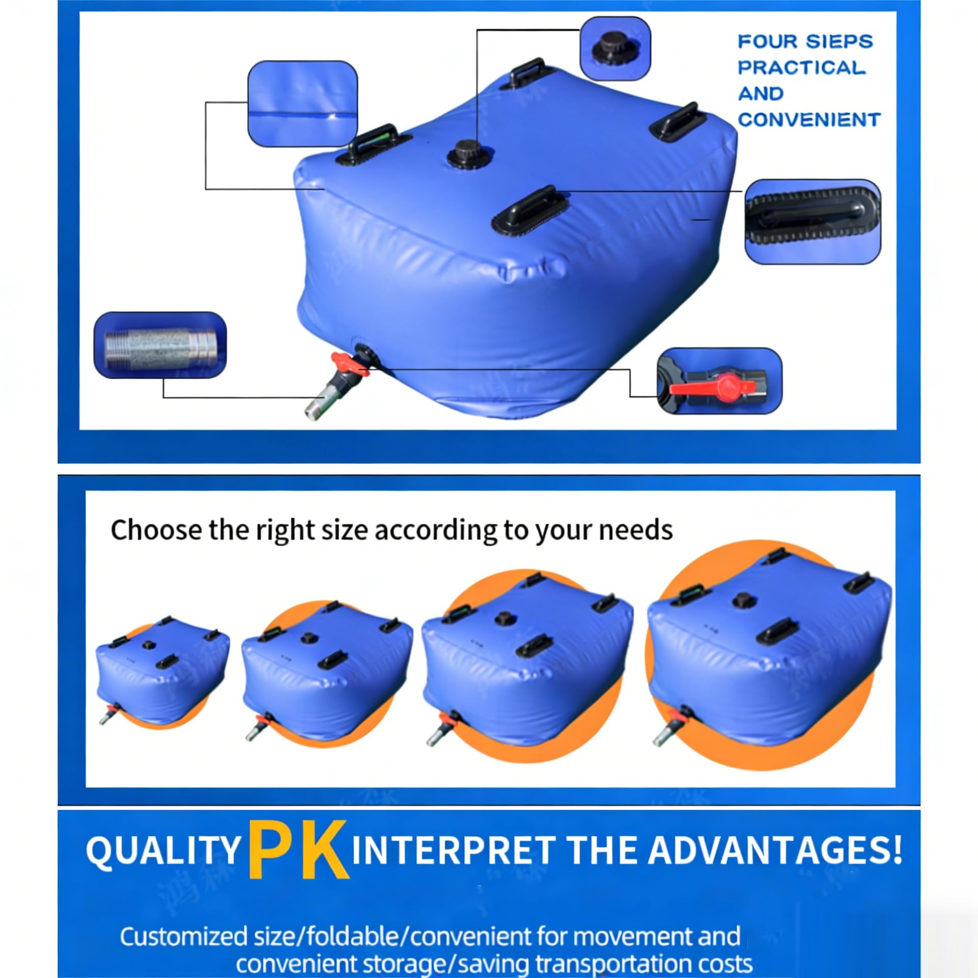 Bolsa de Almacenamiento de Agua Plegable de PVC 0.7mm, Depósito Flexible con Grifo, for Agricultura, Sequía, Obra, Camping, Antifuga