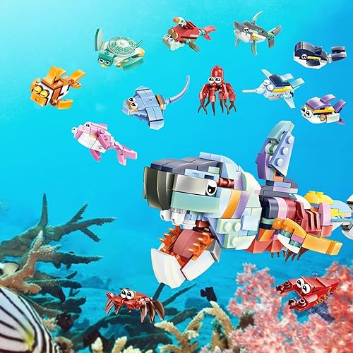 Miniatura 2 de JMBricklayer Recuerdos de fiesta de animales 12 en 1 para niños y niñas, paquete de 12 mini juguetes de construcción de criaturas del mar profundo,