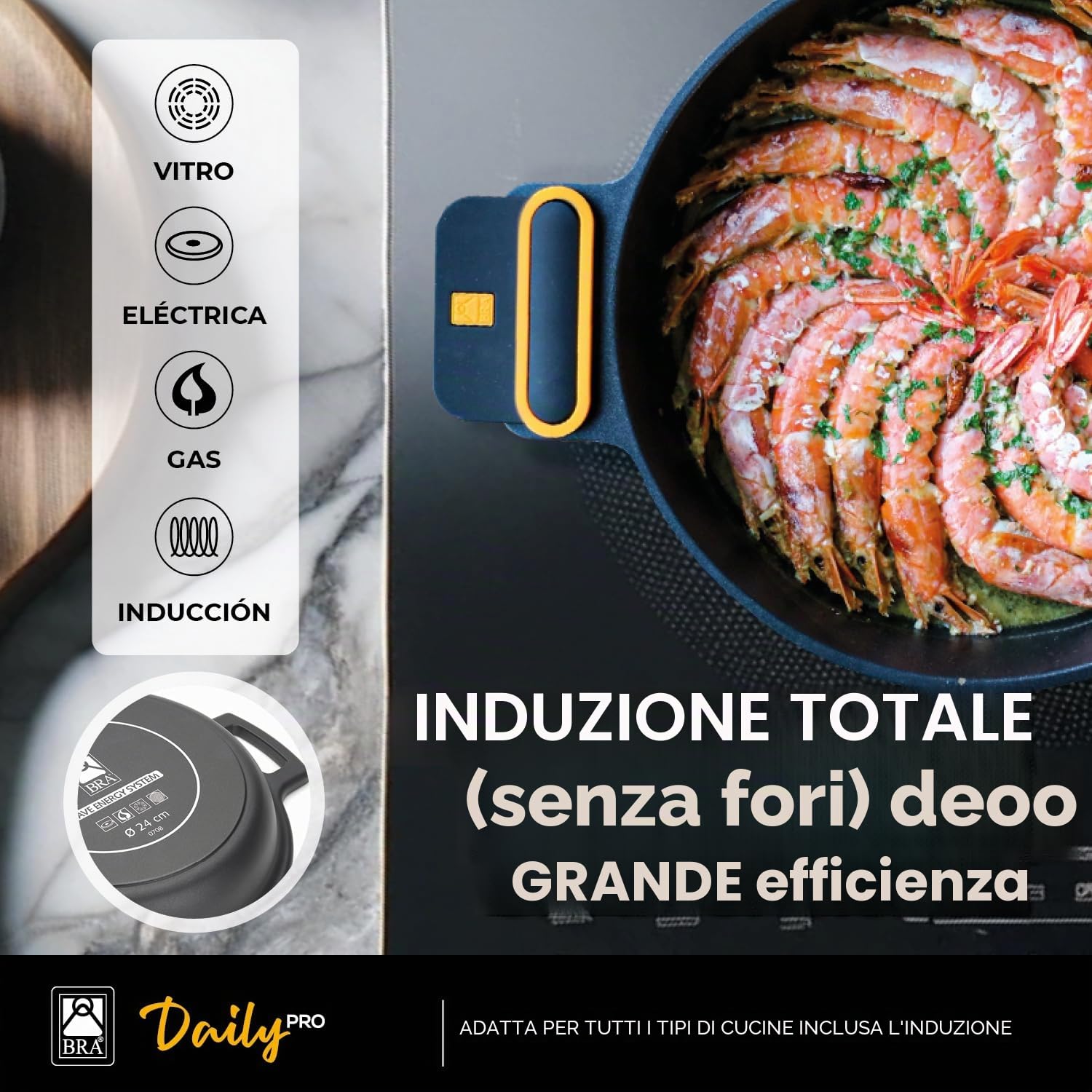 BRA Daily Pro | Casseruola bassa 36 cm, alluminio fuso | Antiaderente Senza PFOA, Adatta a tutti i tipi di piani cottura e induzione, Nero, Giallo