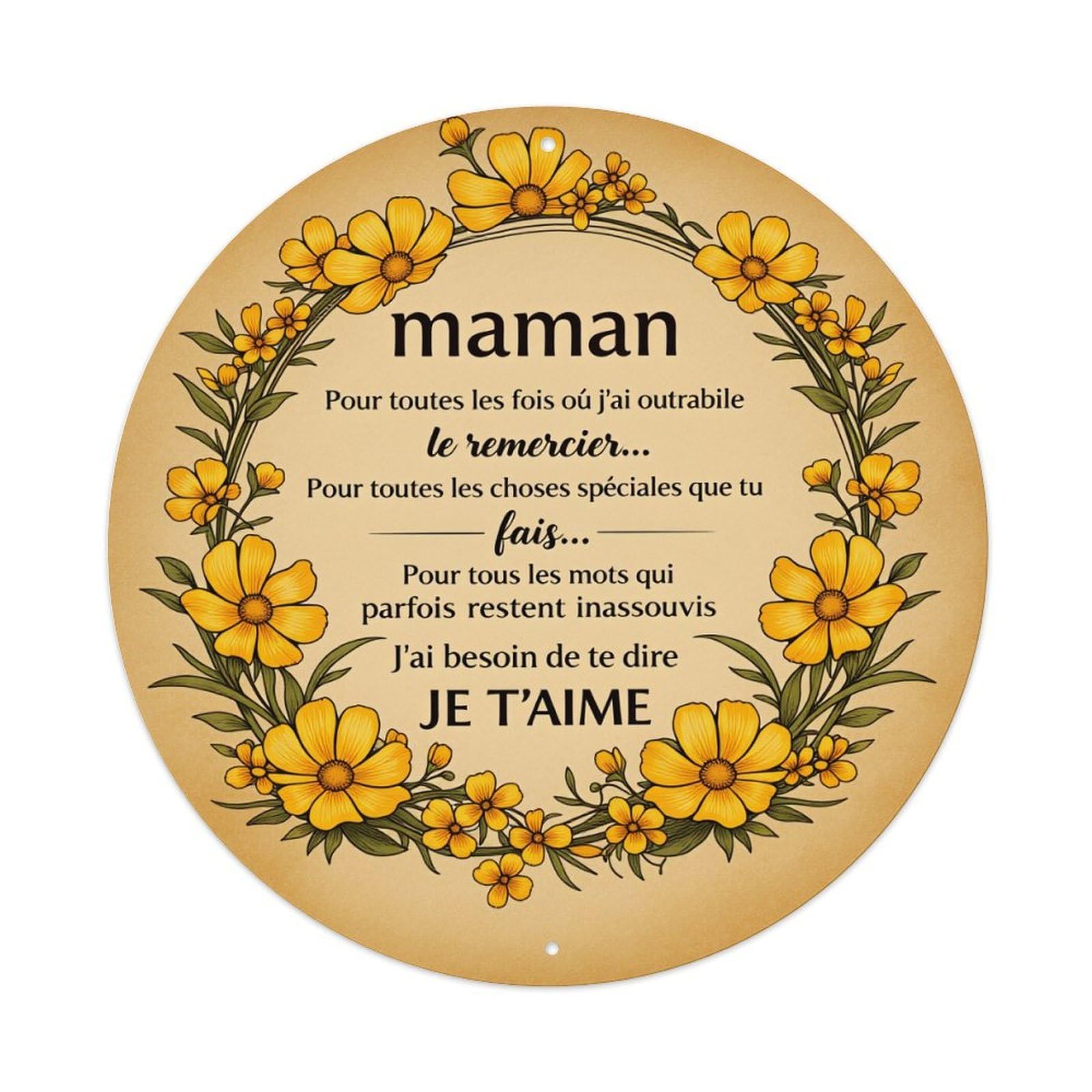 Floral Wreath Yellow Flowers Text Round Tin Sign Vintage Metal Poster, Home Bar Garage Man Cave Cafe Indoor & Outdoor Wall Decoration 8x8Inches