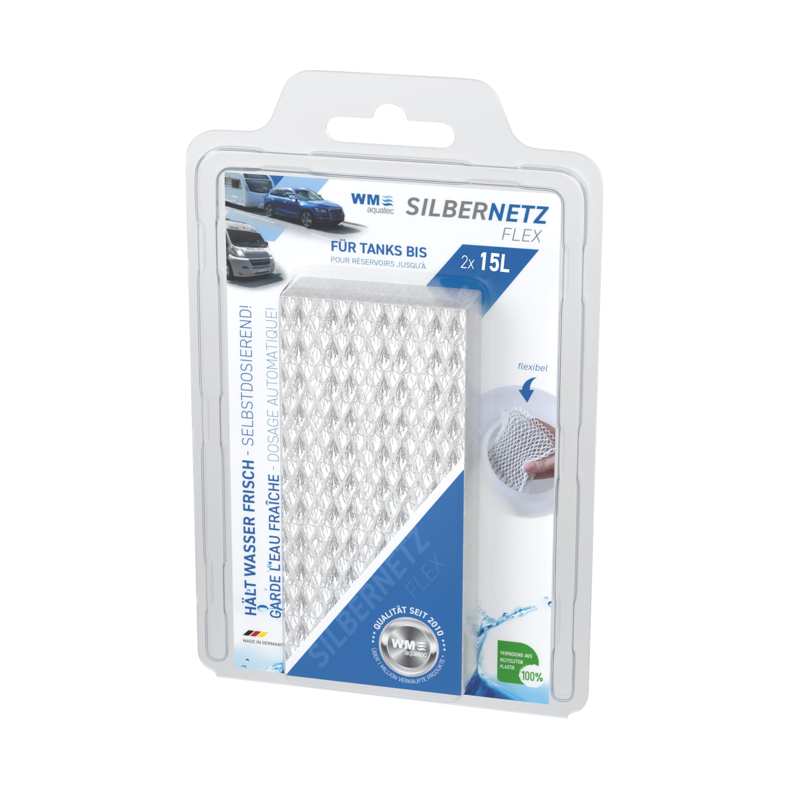 WM aquatec Silbernetz Flex STSN-15-2 | Zatrzymywanie wody dla zbiorników do 15 l każdy | Zatrzymuje do 750 l wody dzięki automatycznemu dodawaniu czystych jonów srebra | Wyprodukowano w Niemczech
